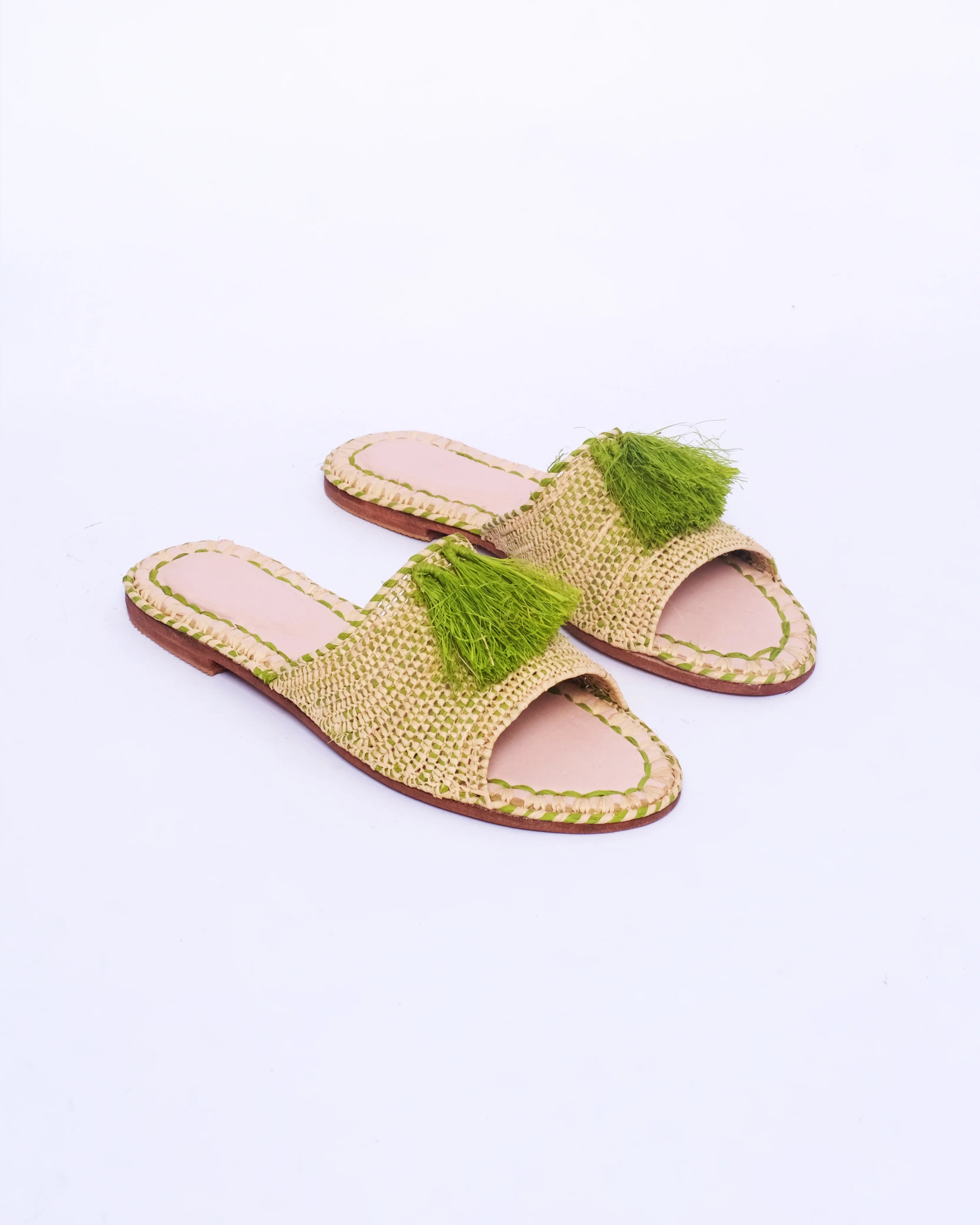 Women's Raffia Tassel Flat Slide Sandals In Natural & Green | Isli