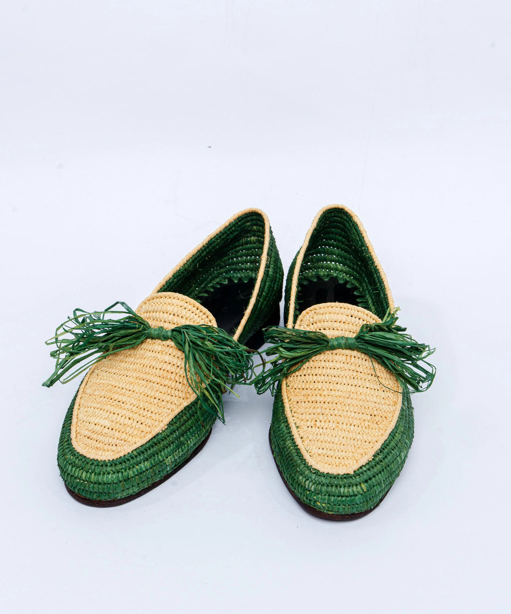 Men's Raffia Loafers in Green & Beige