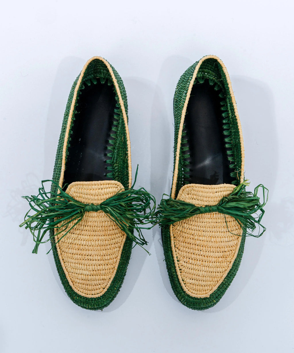 Men's Raffia Loafers in Green & Beige