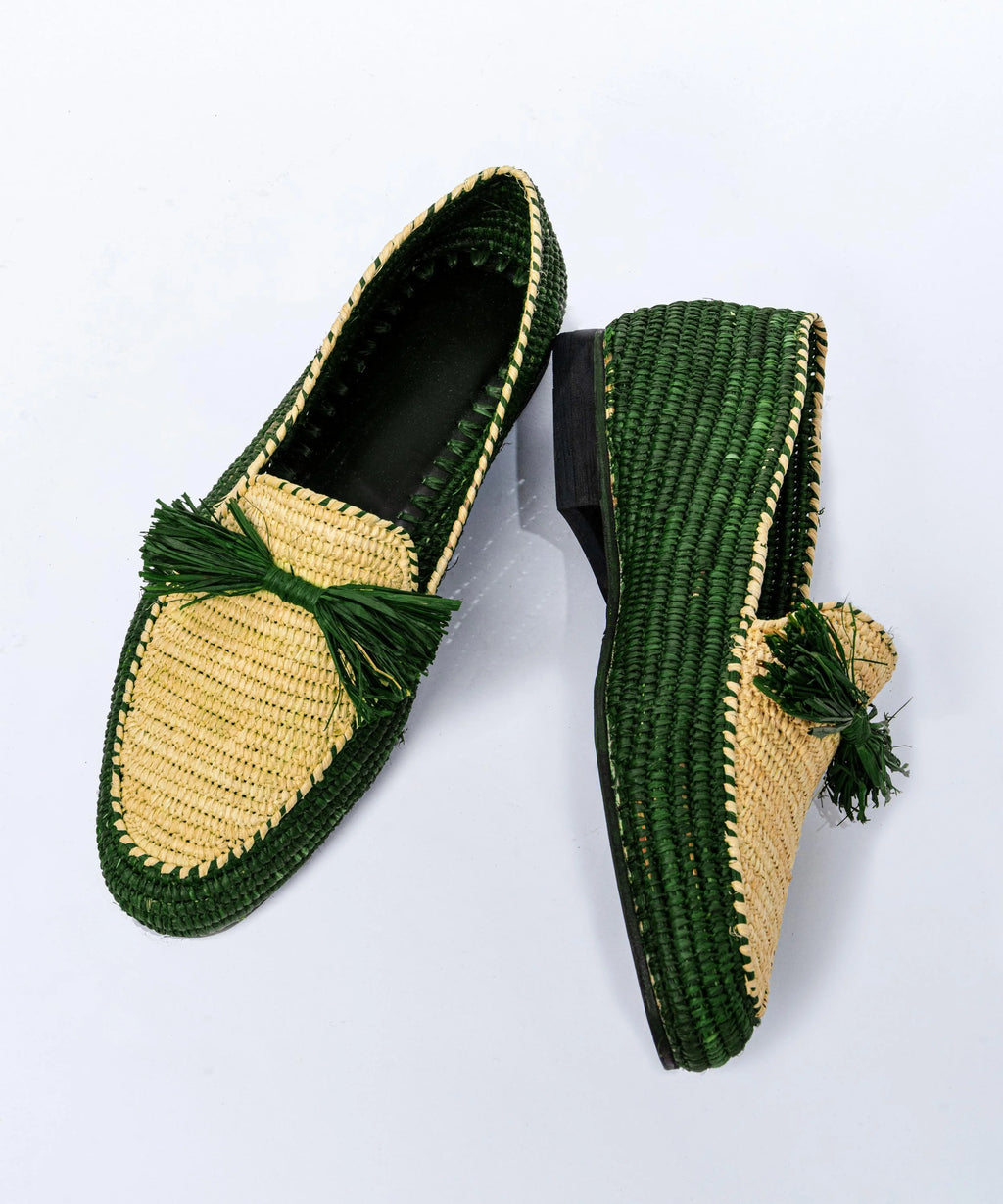 Men's Raffia Loafers in Green & Beige