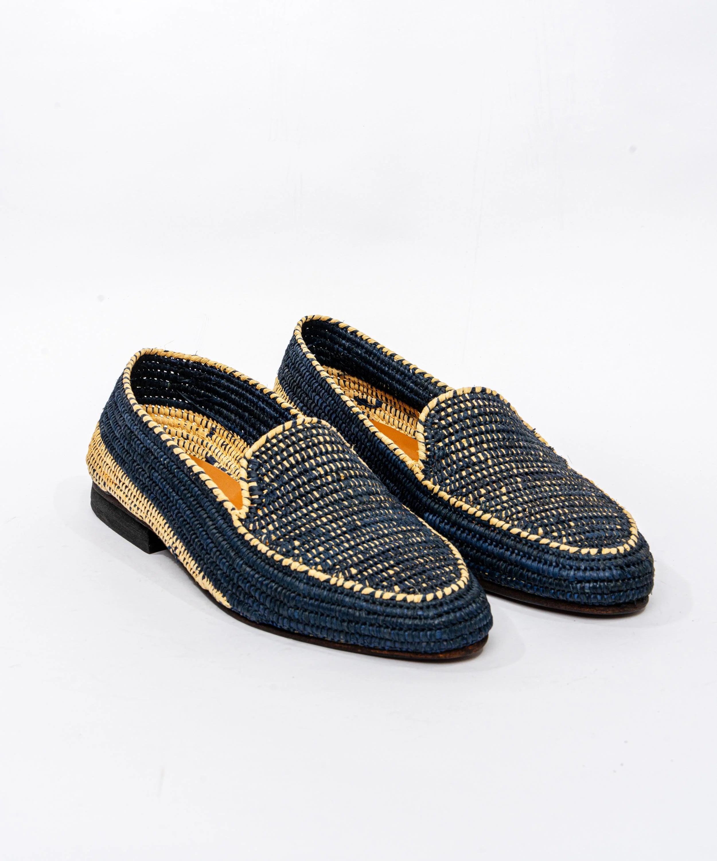 Men's Raffia Loafers in Beige & Dark Blue