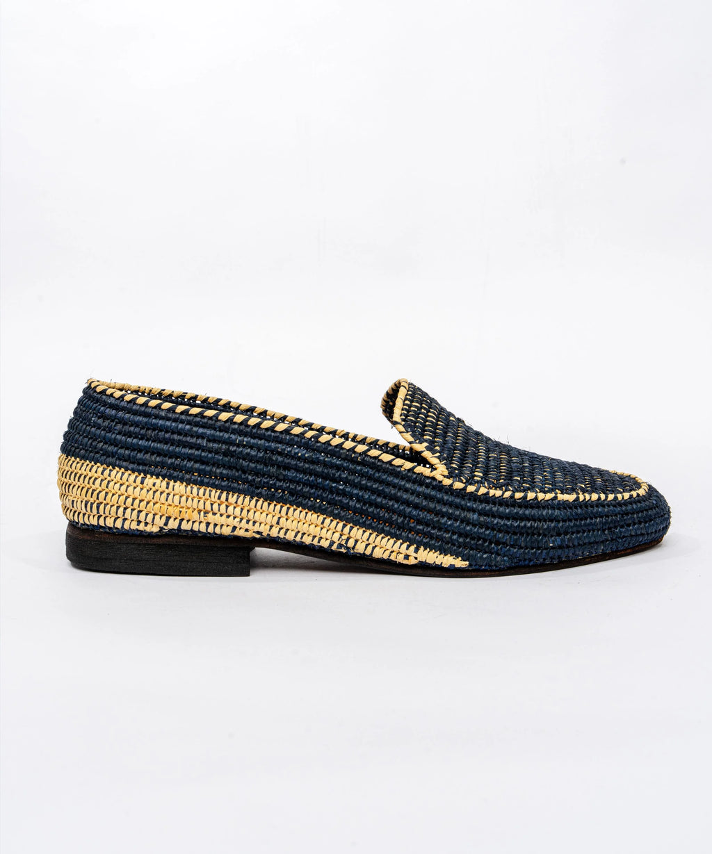 Men's Raffia Loafers in Beige & Dark Blue