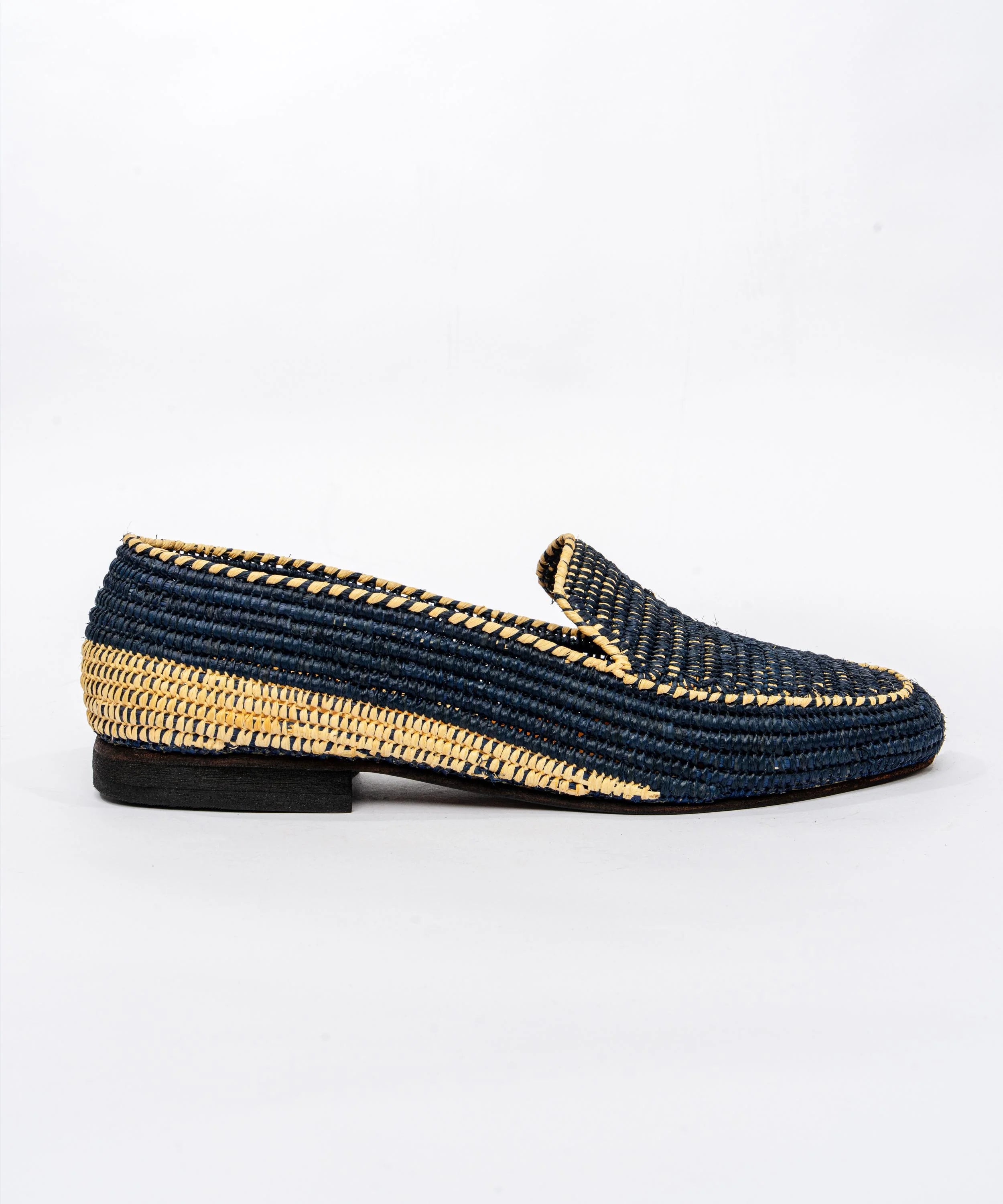 Men's Raffia Loafers in Beige & Dark Blue