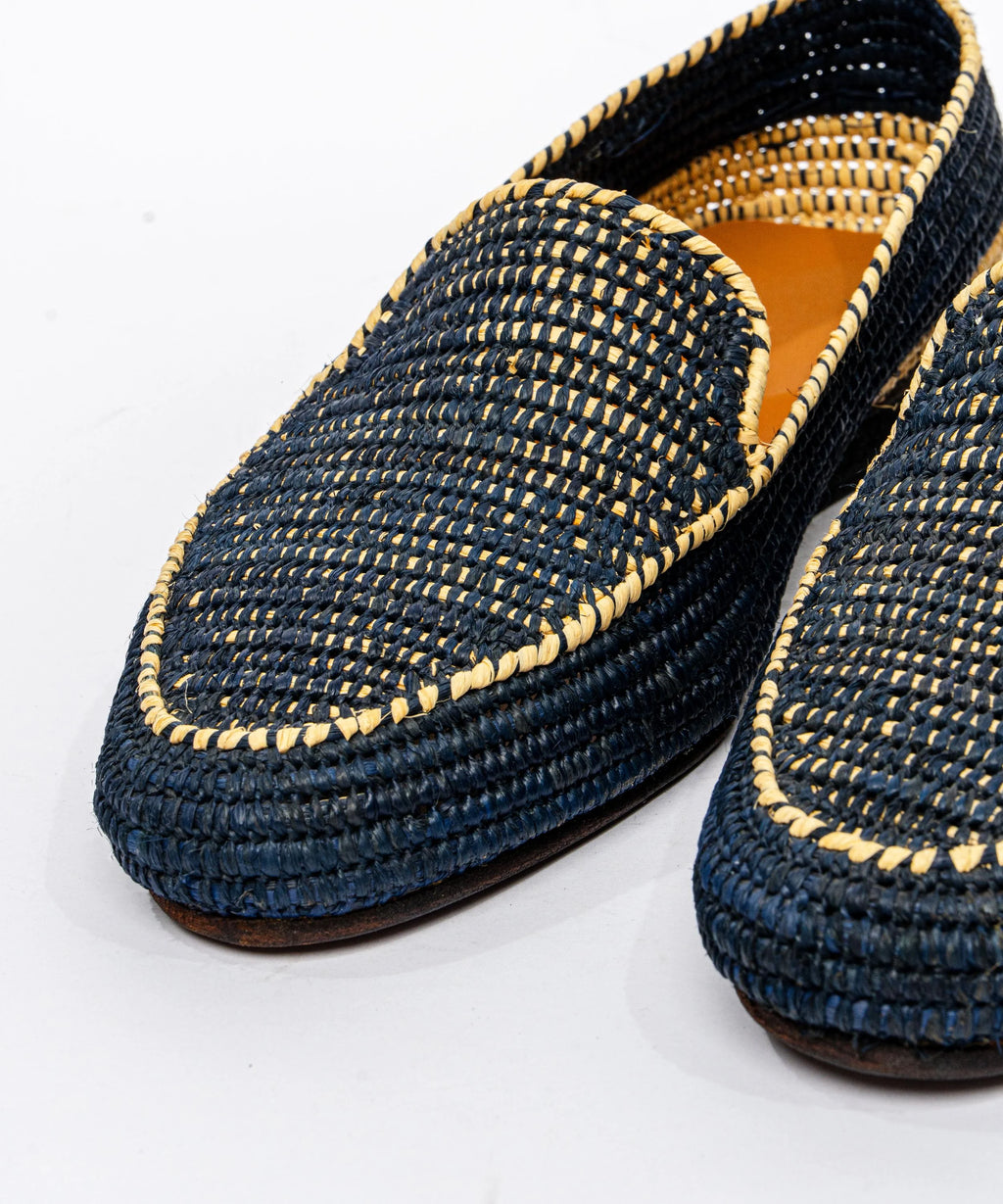 Men's Raffia Loafers in Beige & Dark Blue