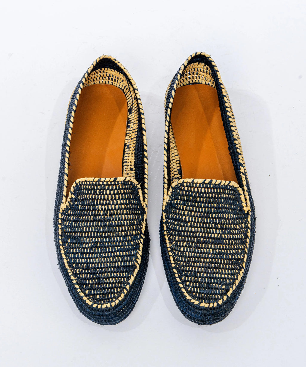Men's Raffia Loafers in Beige & Dark Blue