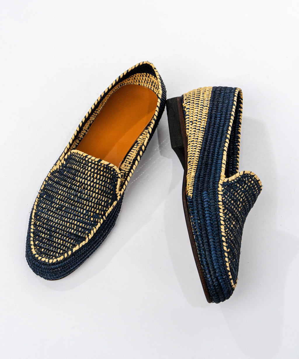 Men's Raffia Loafers in Beige & Dark Blue