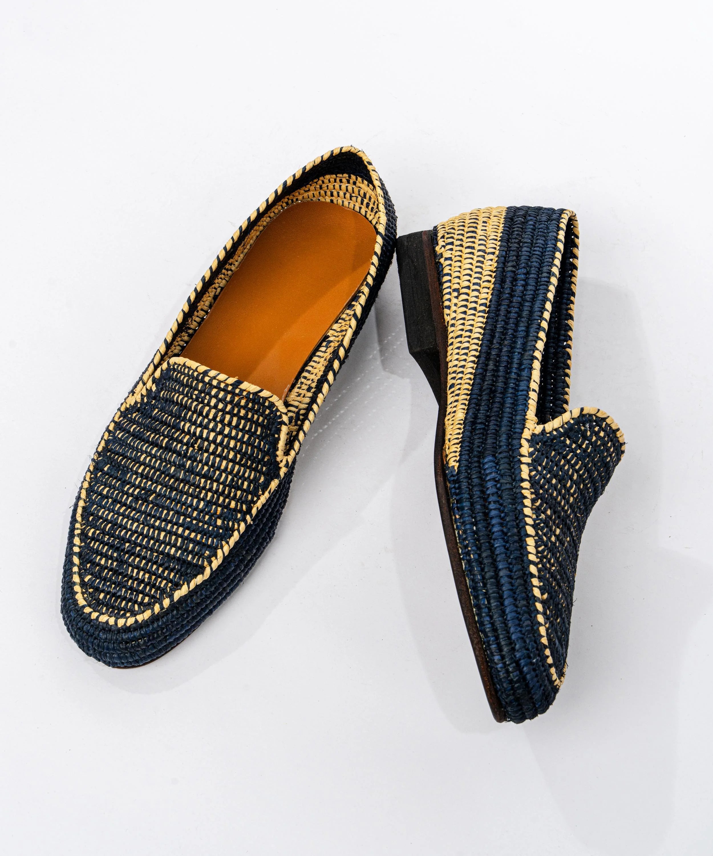 Men's Raffia Loafers in Beige & Dark Blue