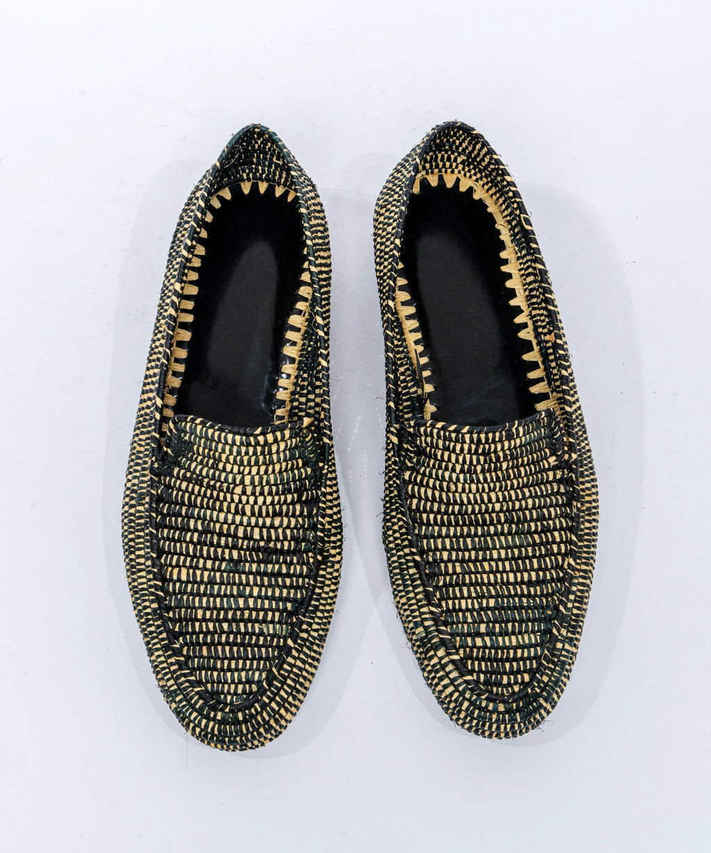 Men's Raffia Loafers in Black & Beige
