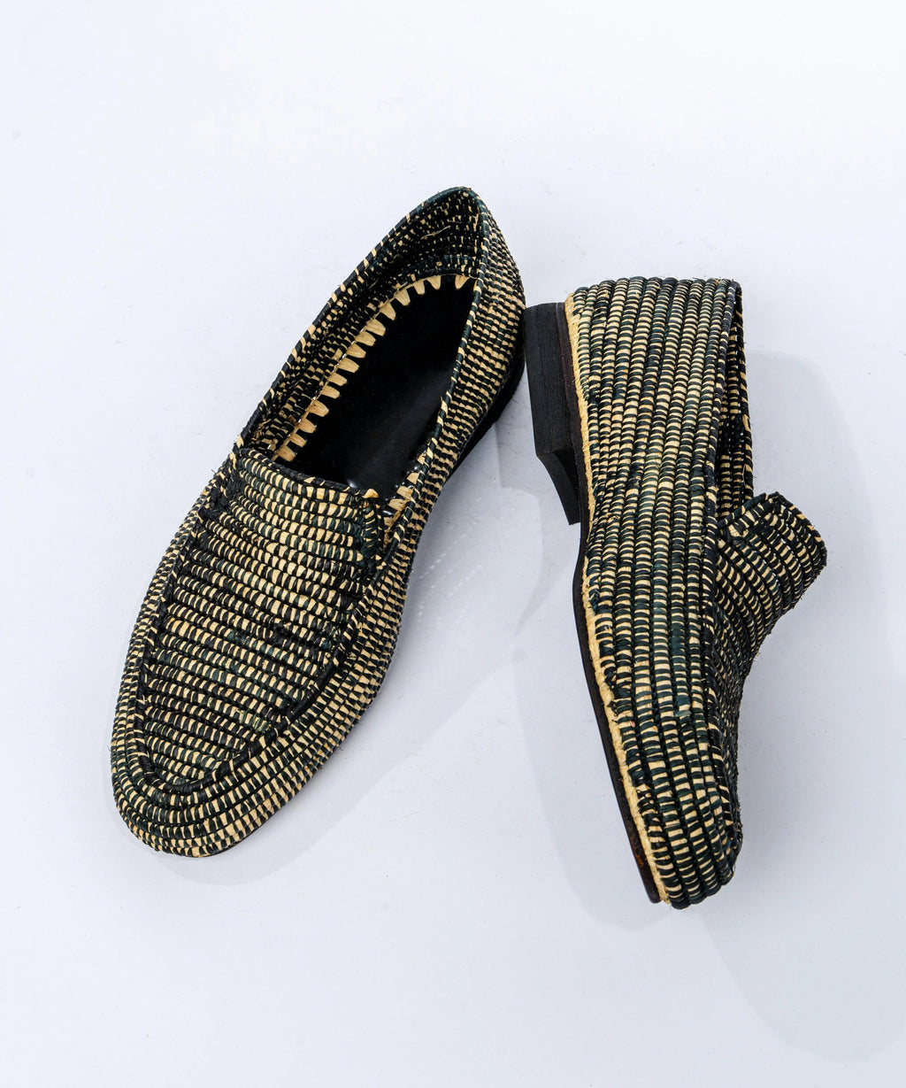 Men's Raffia Loafers in Black & Beige