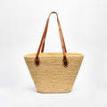 Handwoven Raffia Tote Bag with Tan Leather Handles