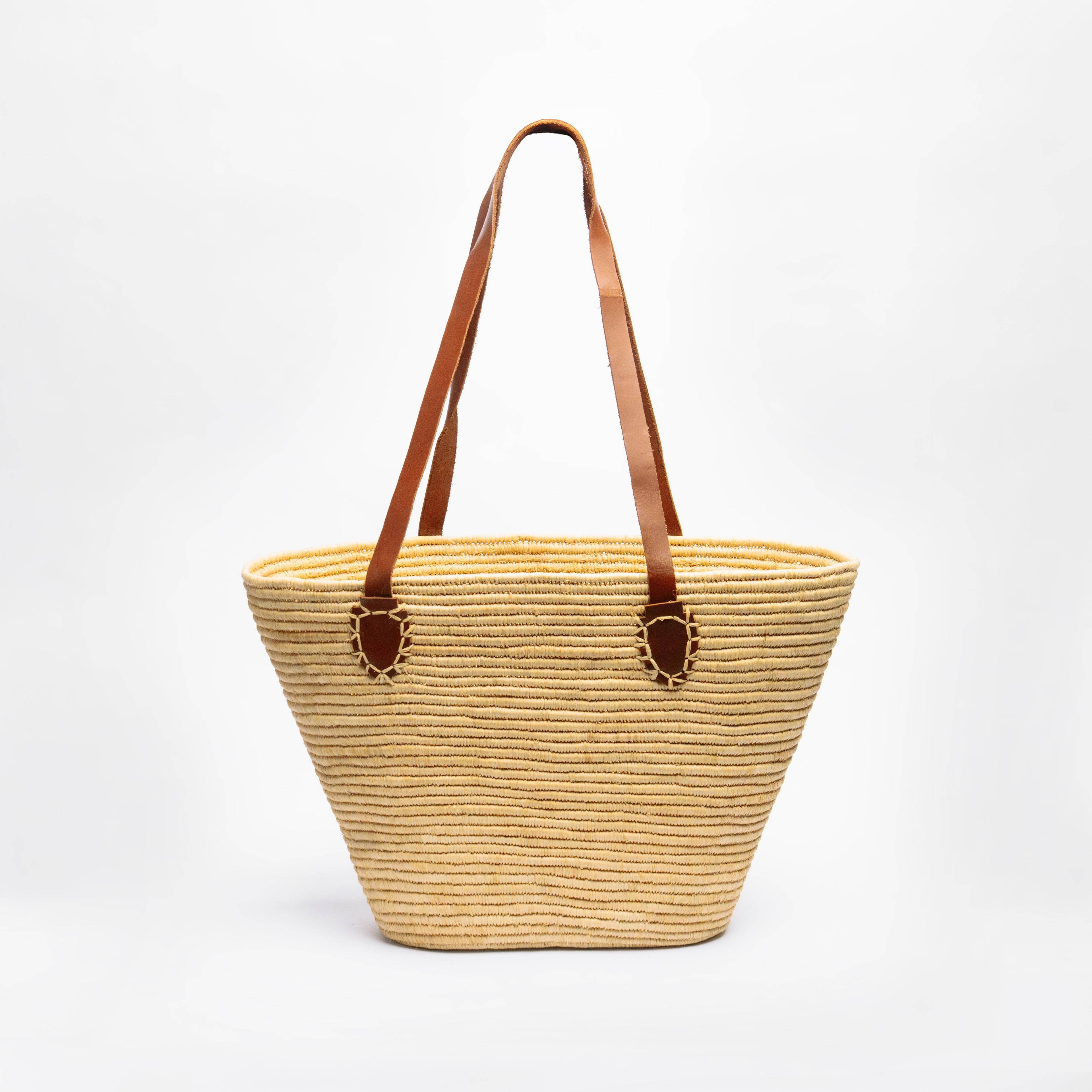 Handwoven Raffia Tote Bag with Tan Leather Handles