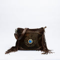 Brown Leather Fringe Bag with Cowhide & Turquoise Stone