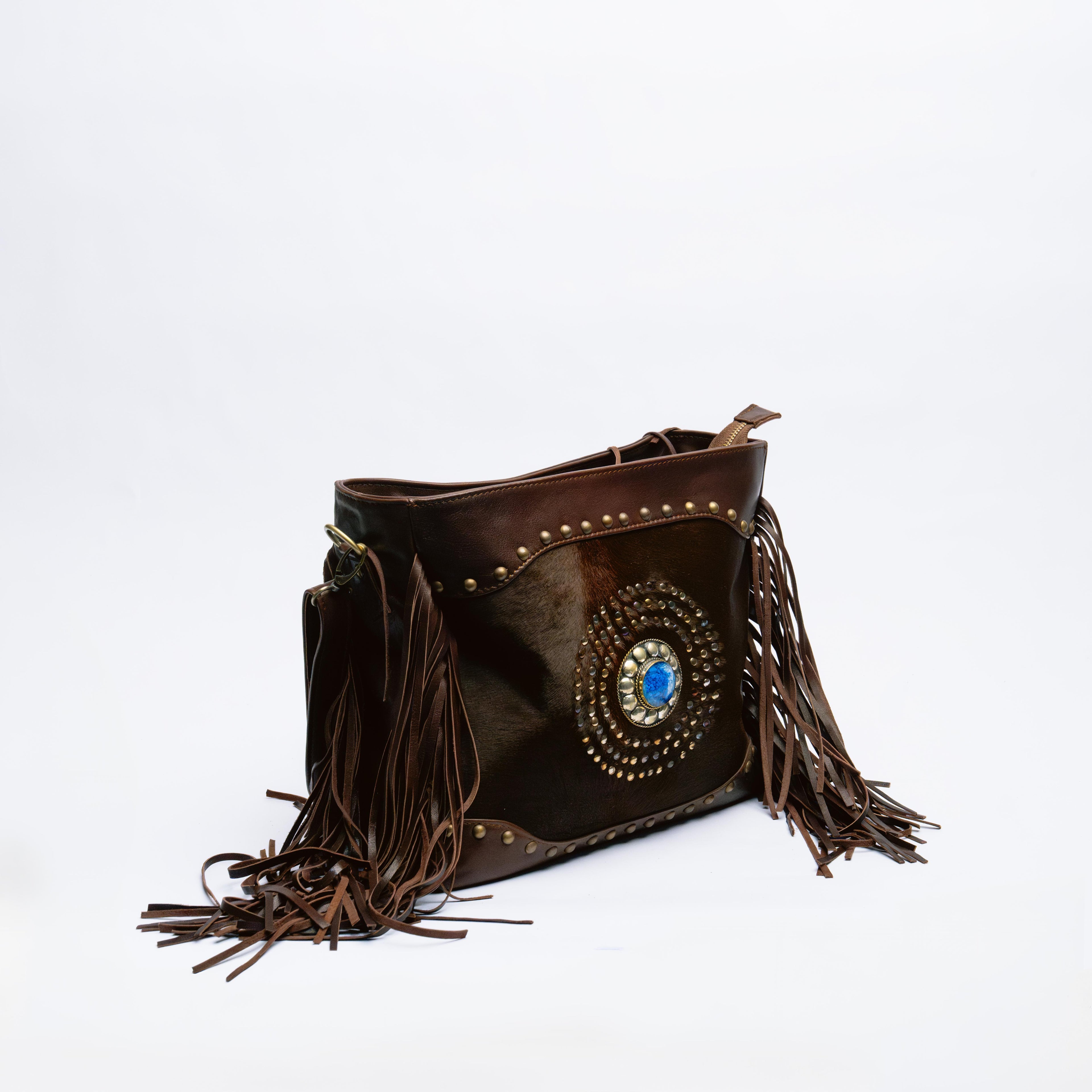 Brown Leather Fringe Bag with Cowhide & Turquoise Stone