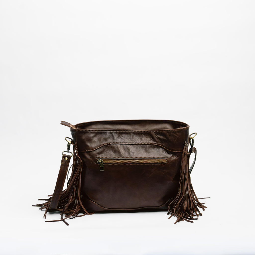 Brown Leather Fringe Bag with Cowhide & Turquoise Stone