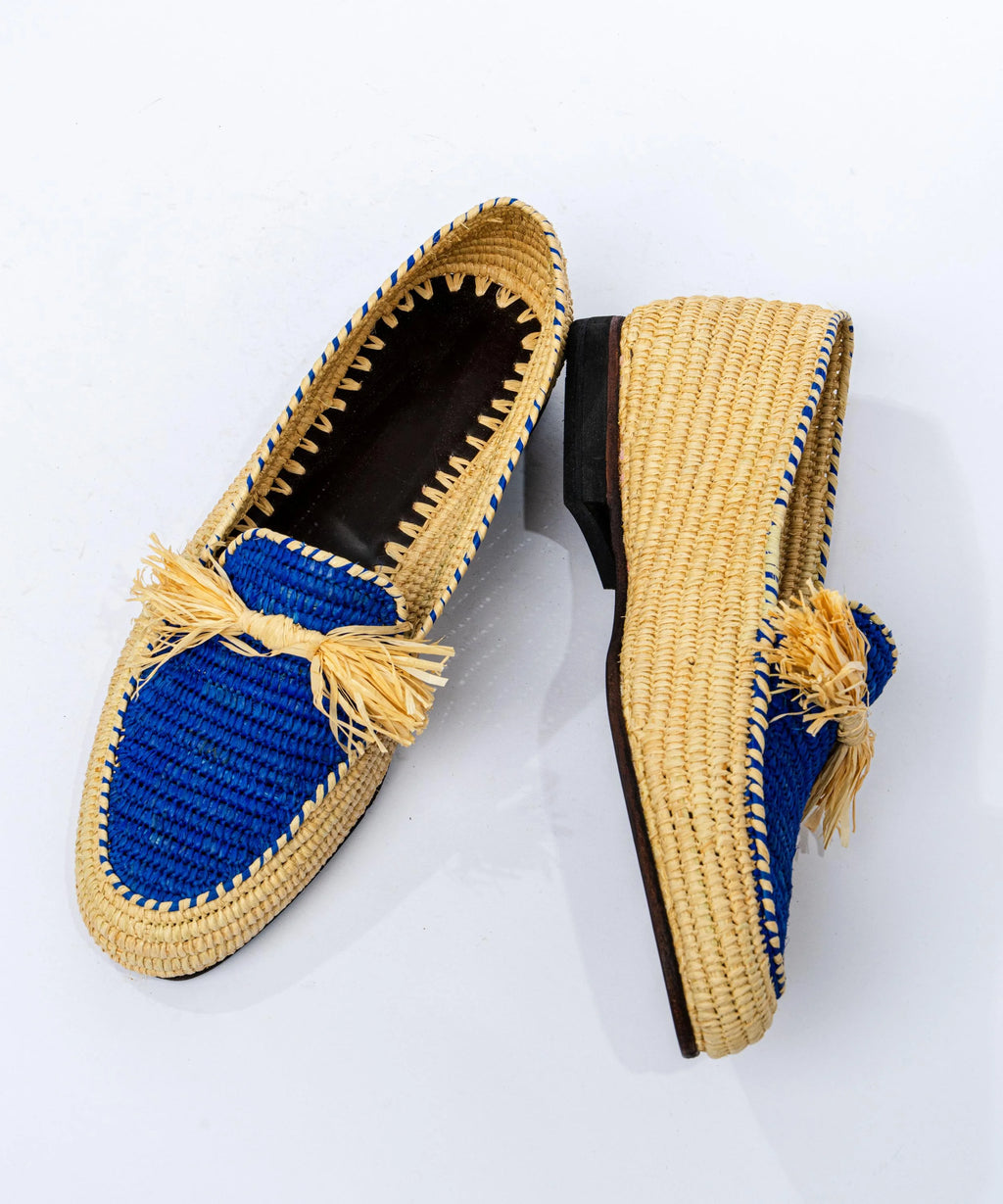 Men's Raffia Loafers in Beige & Blue