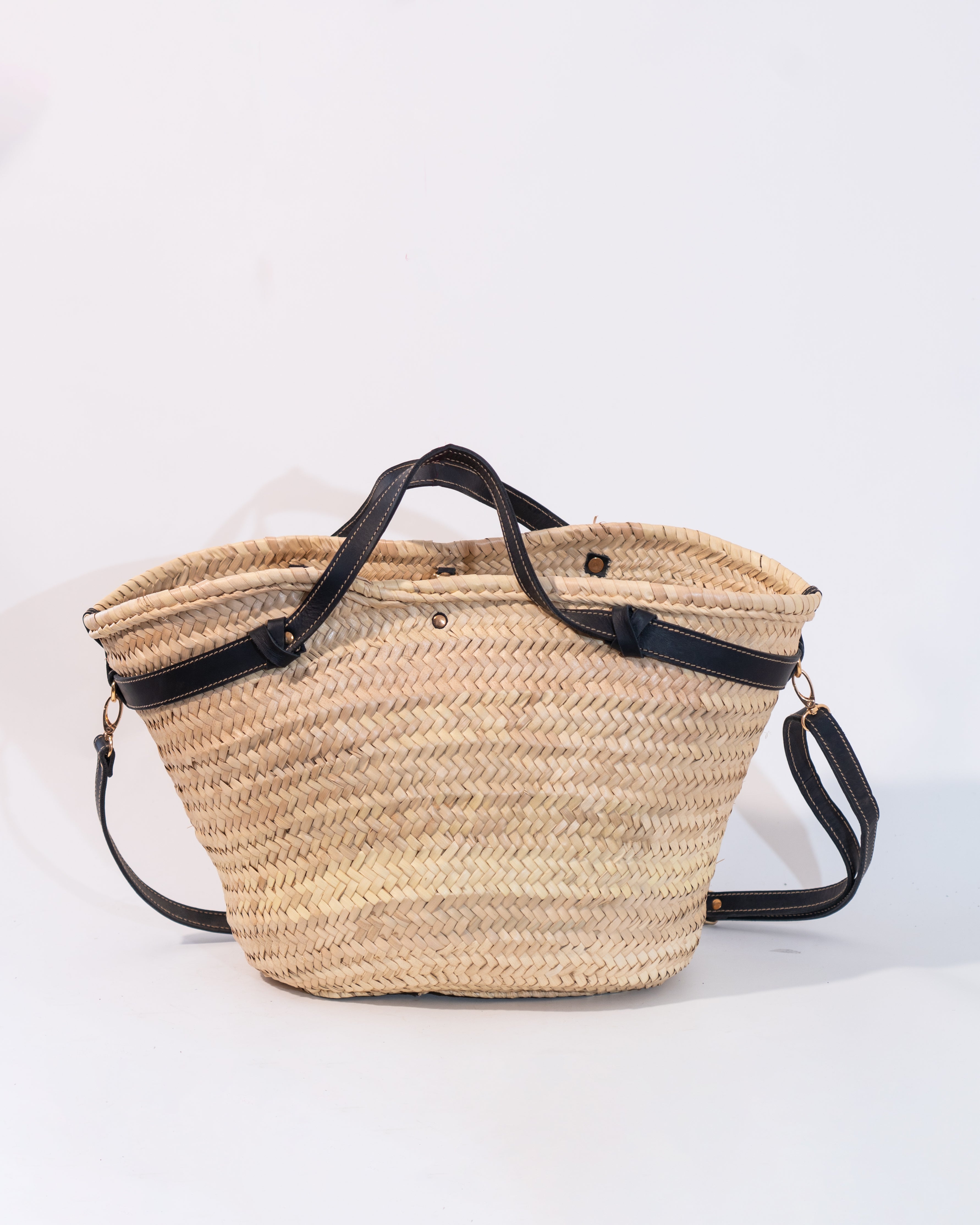 Black Leather Straw Tote