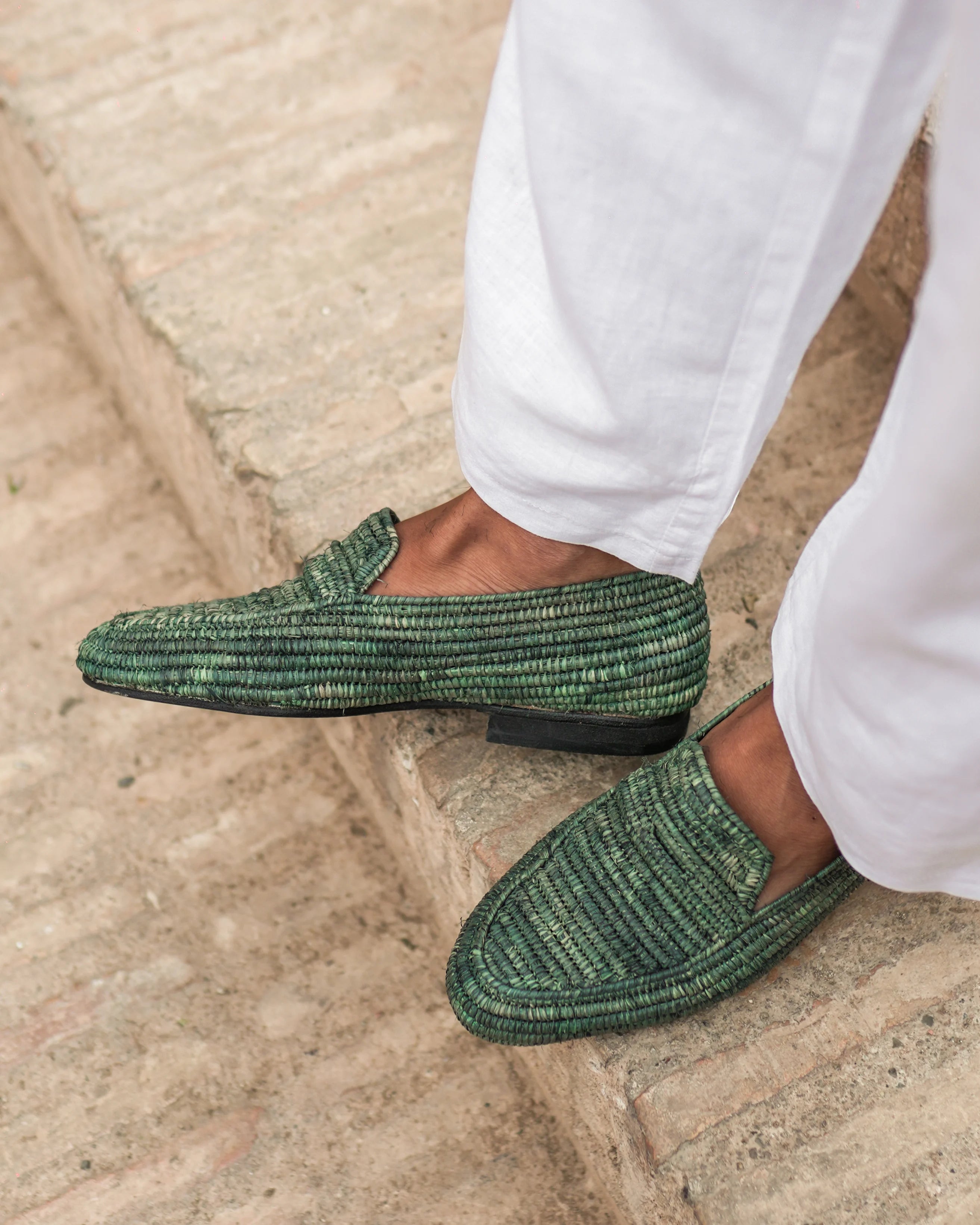 Men's Raffia Loafers in Forest Green