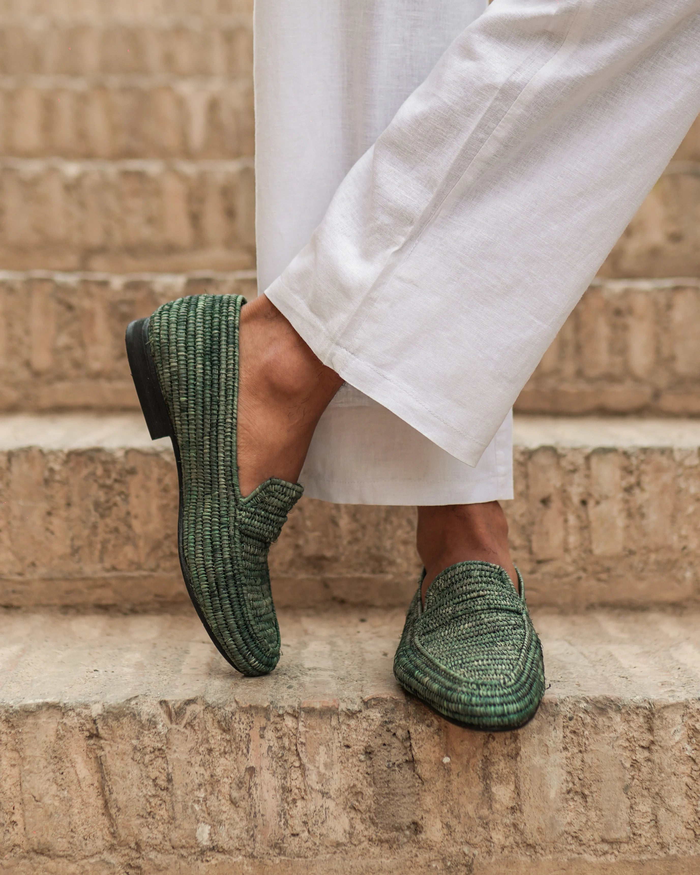 Men's Raffia Loafers in Forest Green