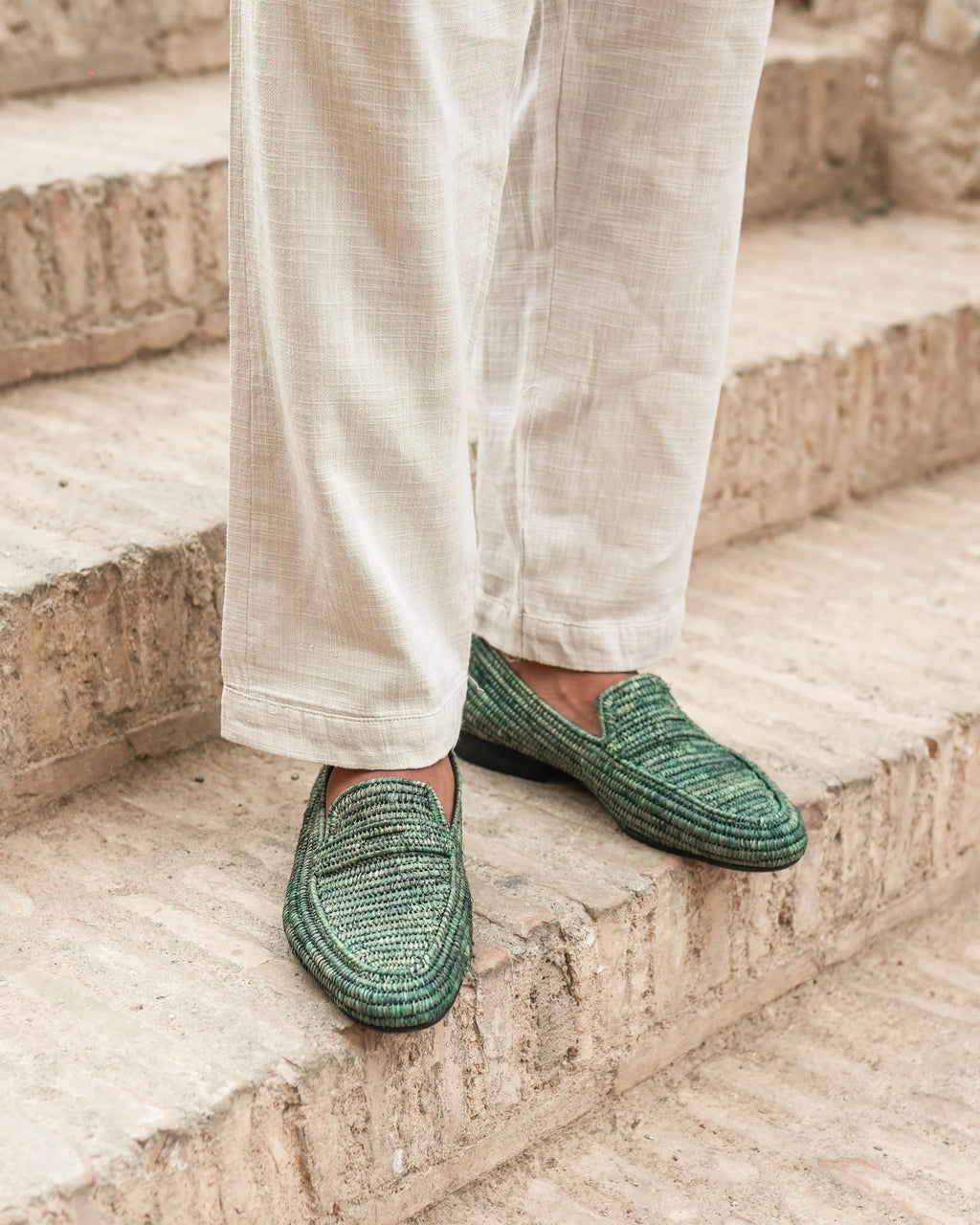 Men's Raffia Loafers in Forest Green