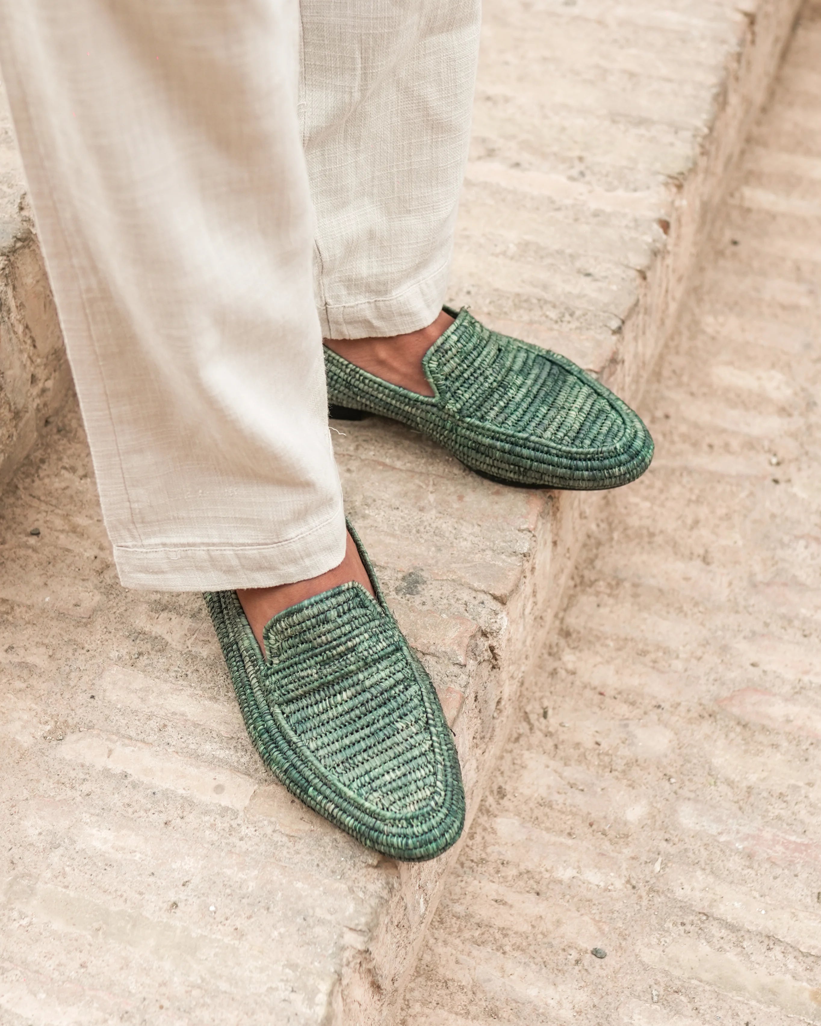 Men's Raffia Loafers in Forest Green