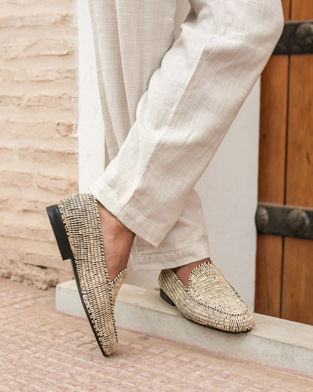 Men's Raffia Loafers in Beige and Black