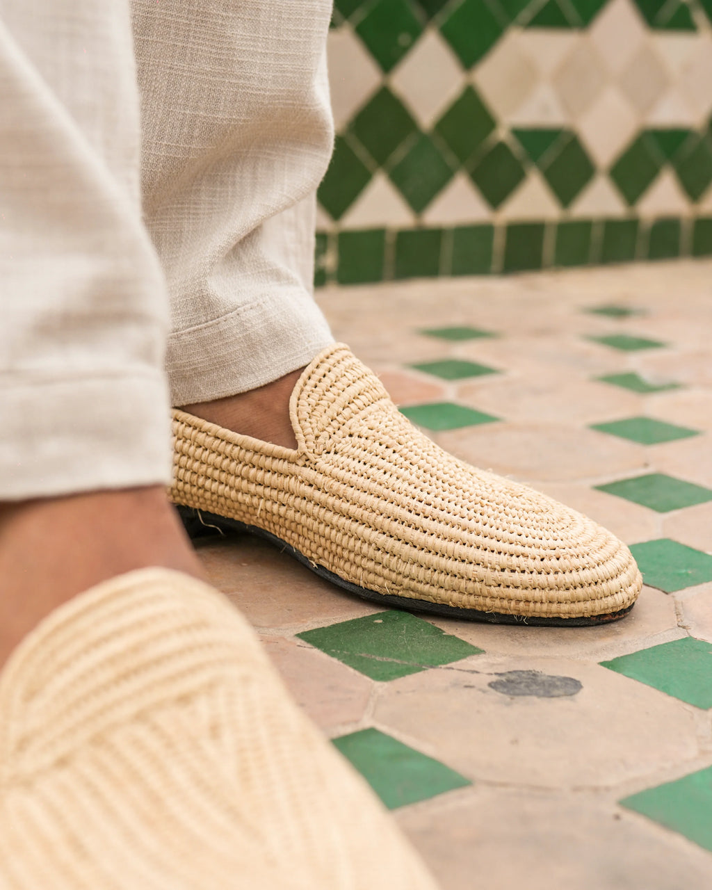 Men's Raffia Loafers in Soft Beige