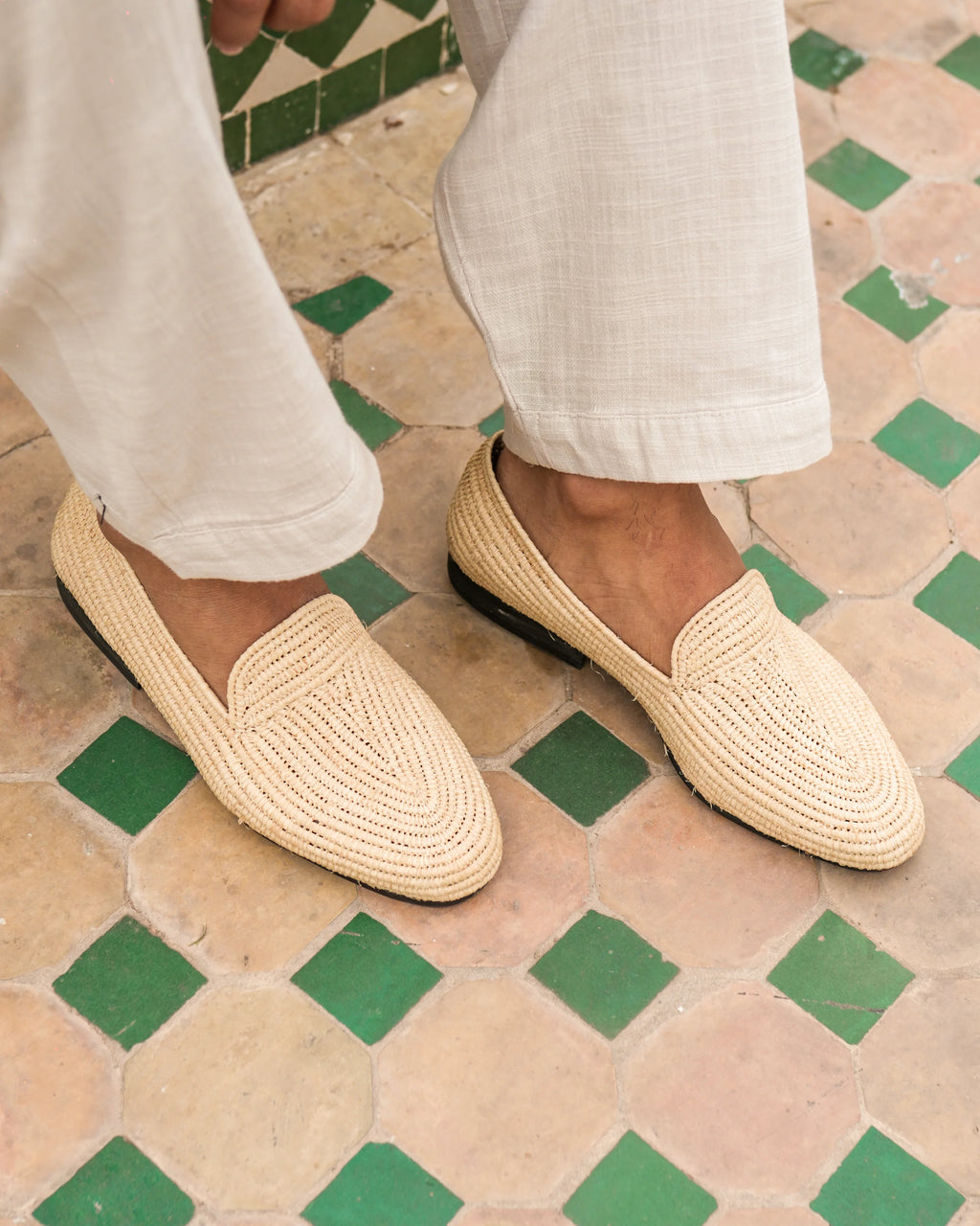 Men's Raffia Loafers in Soft Beige