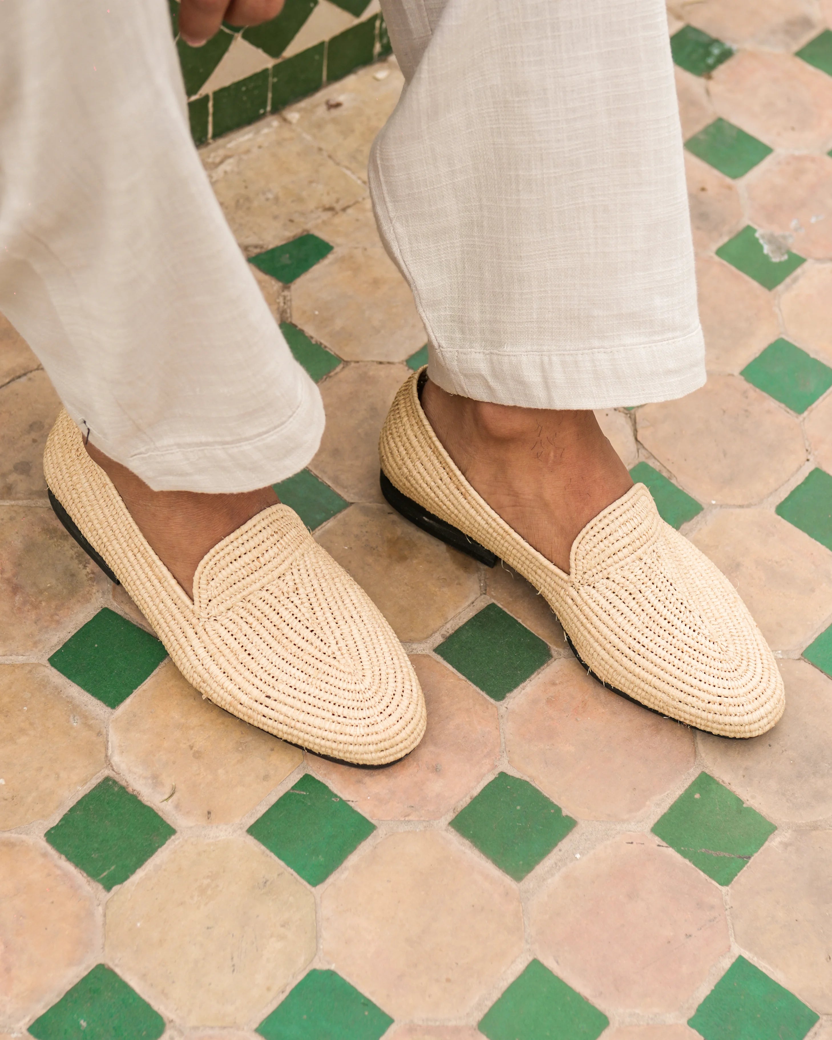 Men's Raffia Loafers in Soft Beige