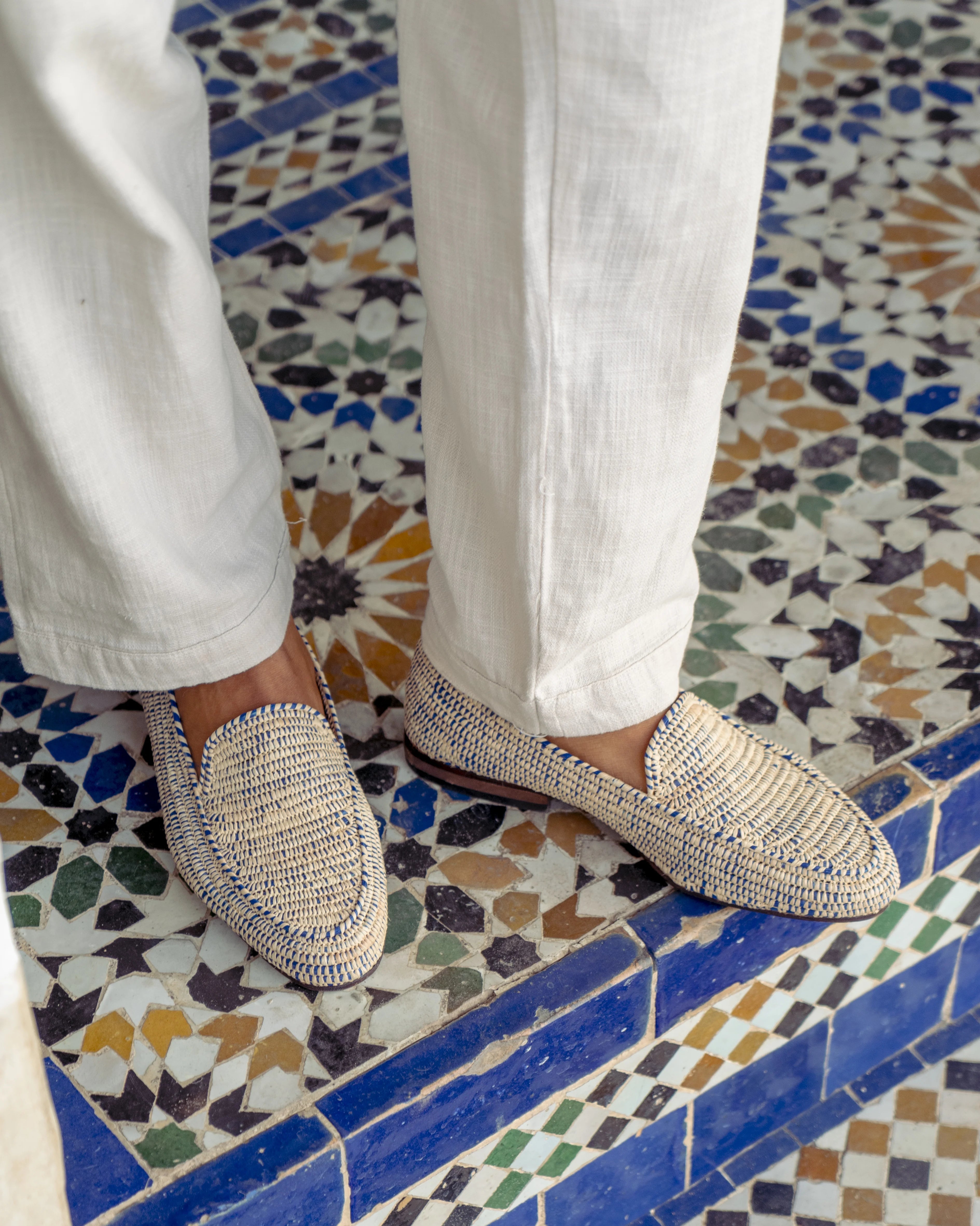 Men's Raffia Loafers in Blue & White