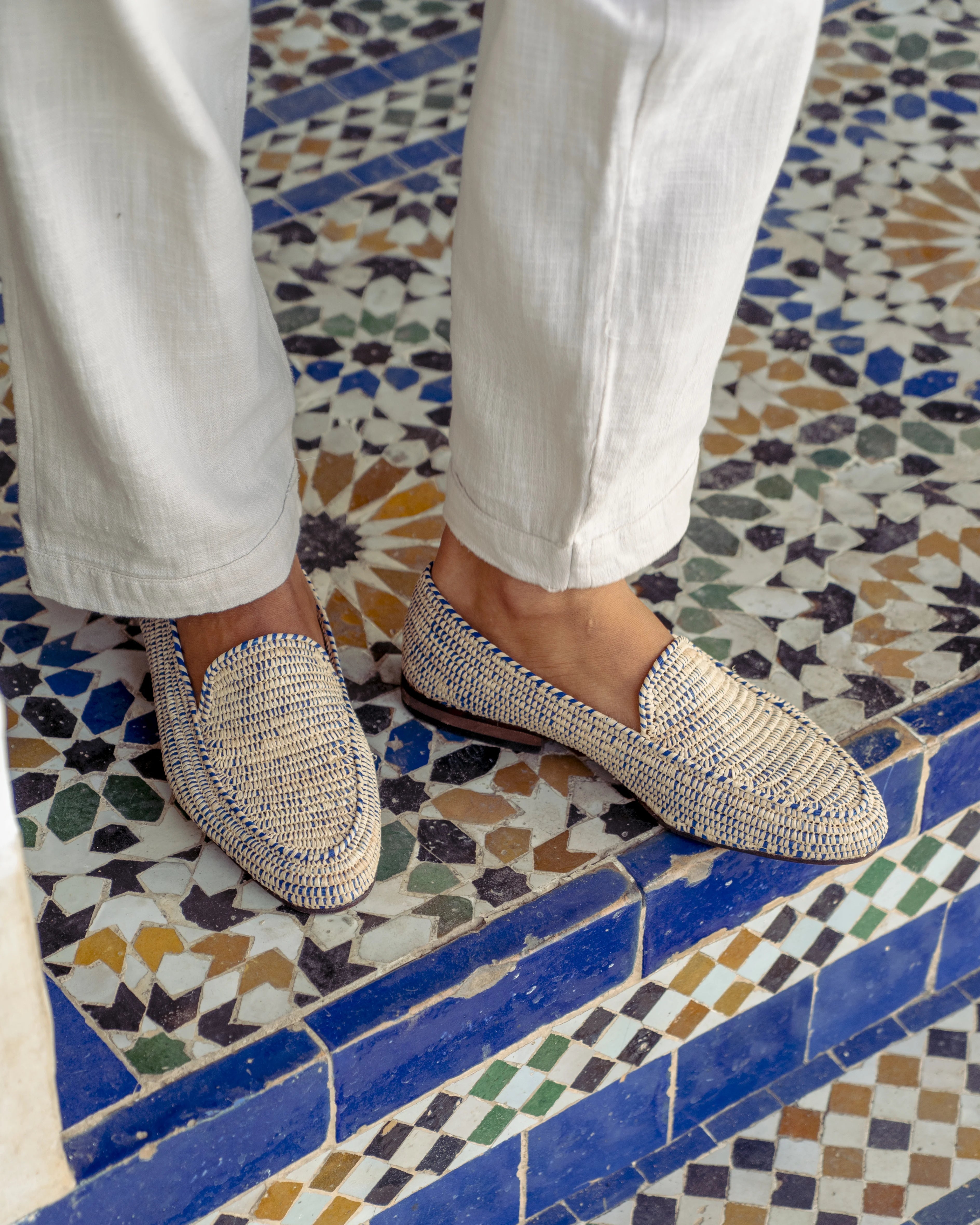 Men's Raffia Loafers in Blue & White