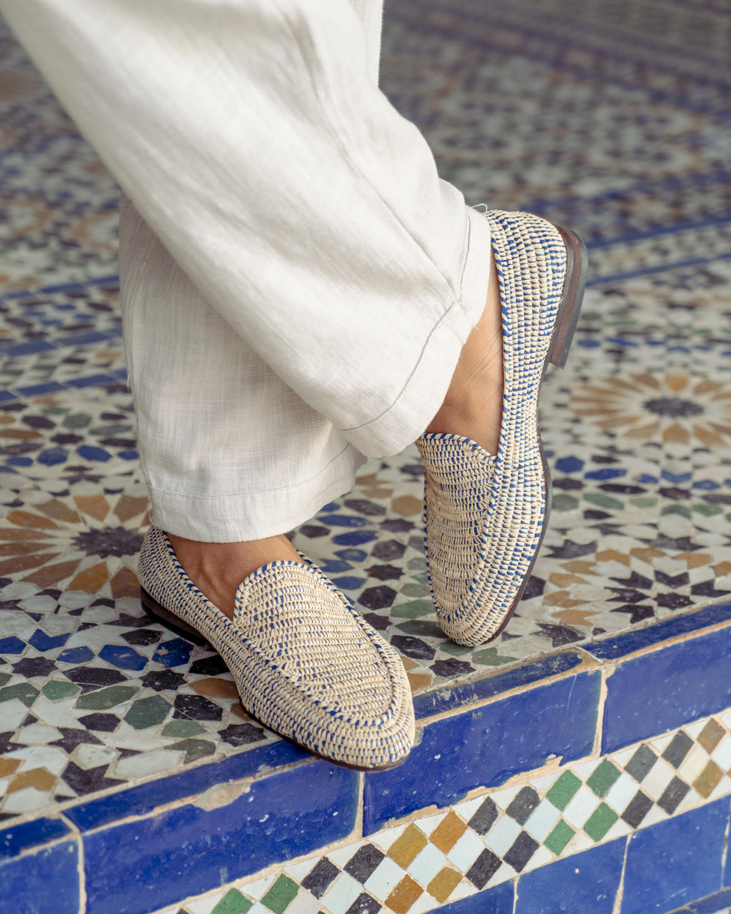 Men's Raffia Loafers in Blue & White