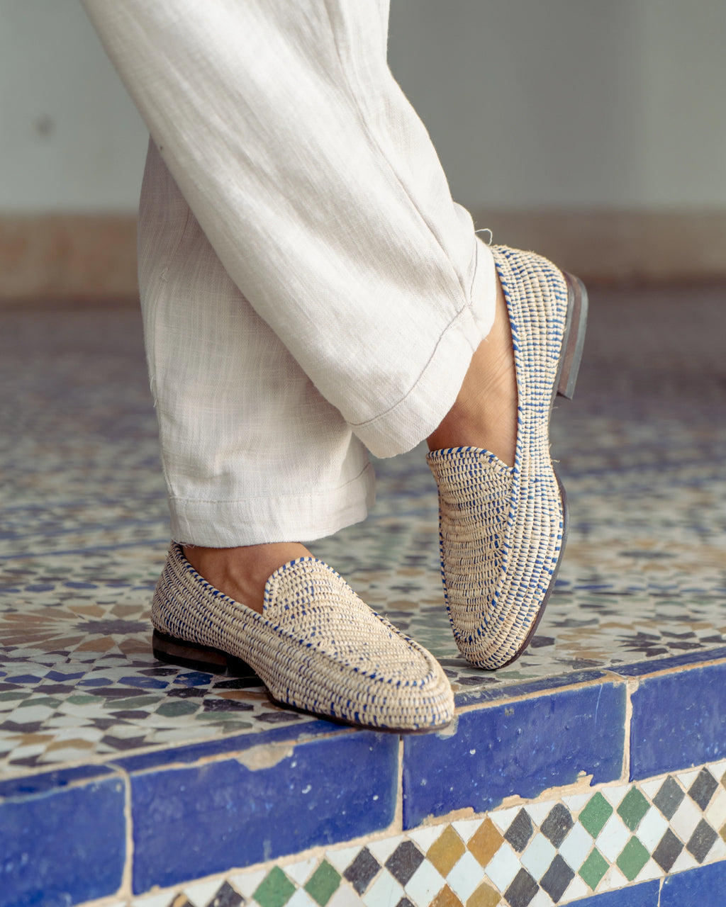 Men's Raffia Loafers in Blue & White