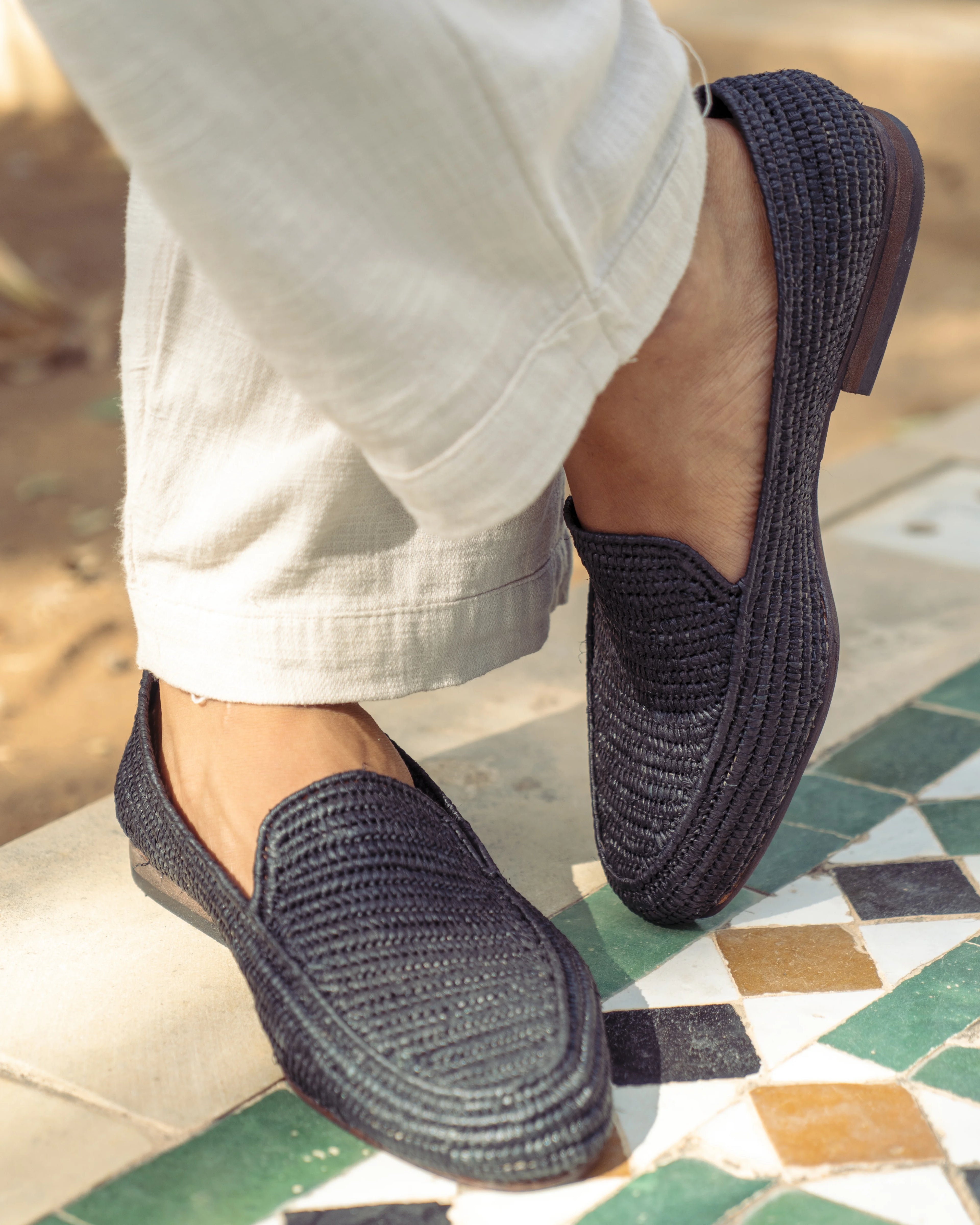Men's Raffia Loafers in Jet Black