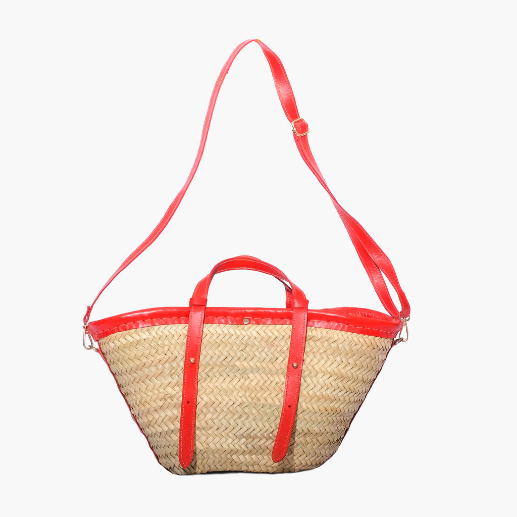 Cabas en paille cuir rouge