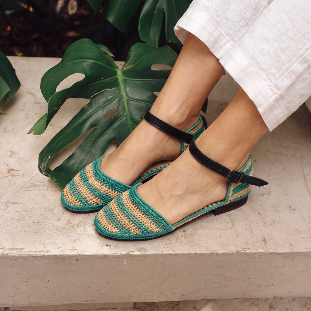 Women's Mary Jane Raffia Flat in Green & Natural