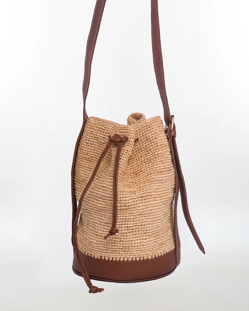 Artisan Raffia Bucket Bag — Natural Leather