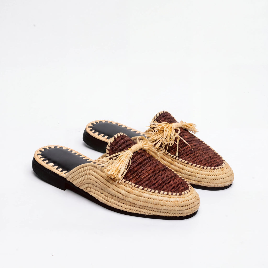Open Back Raffia Shoes in Brown