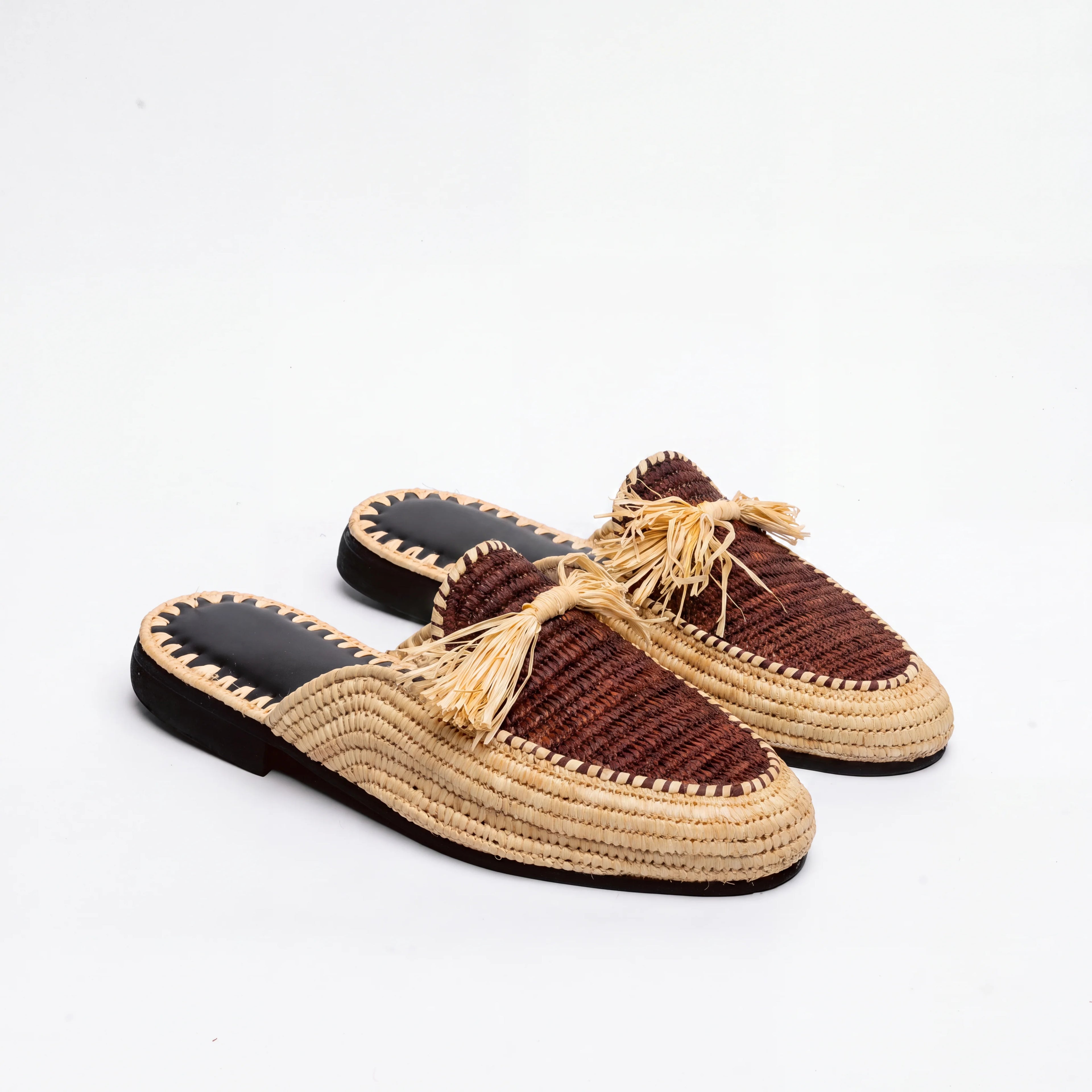 Open Back Raffia Shoes in Brown