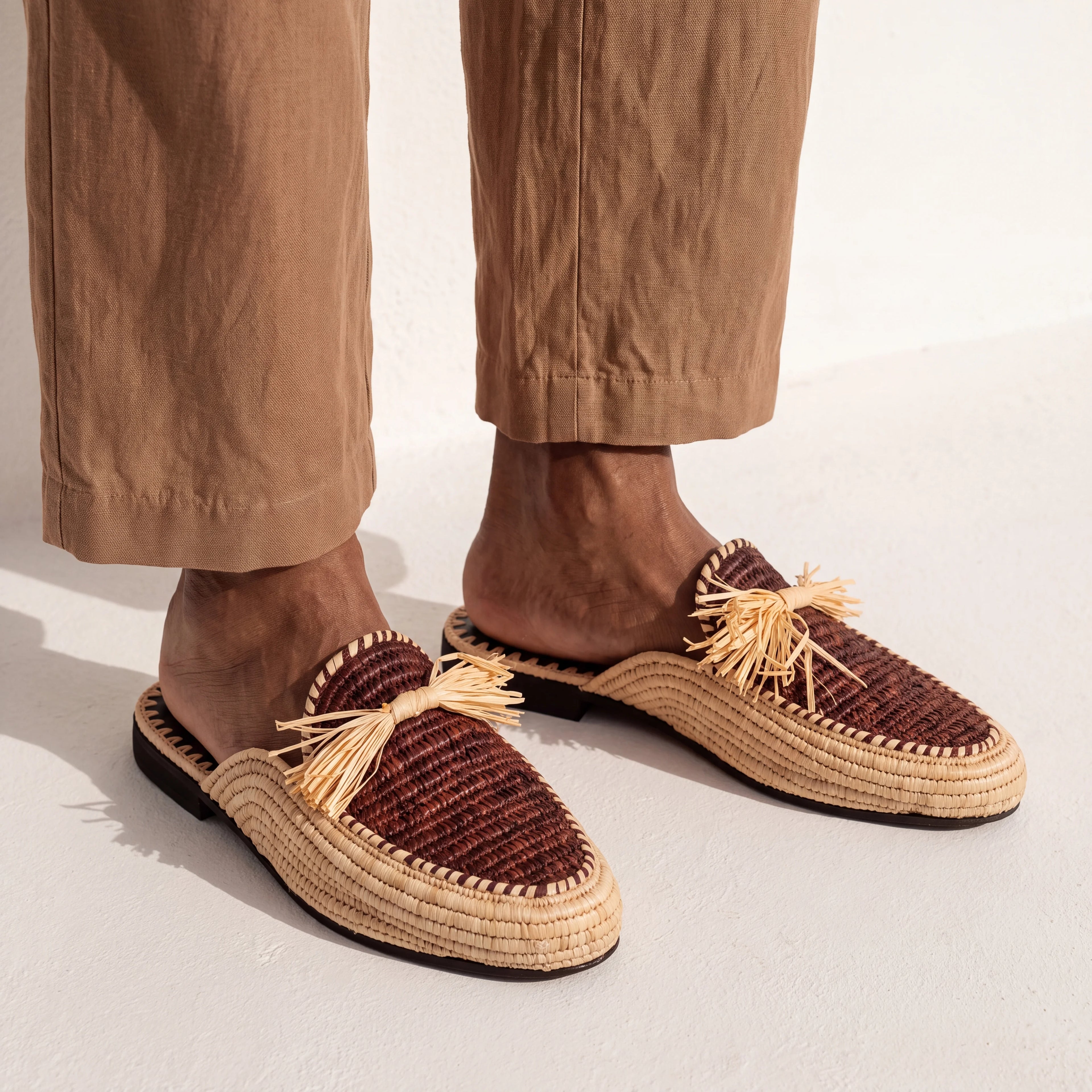 Open Back Raffia Shoes in Brown
