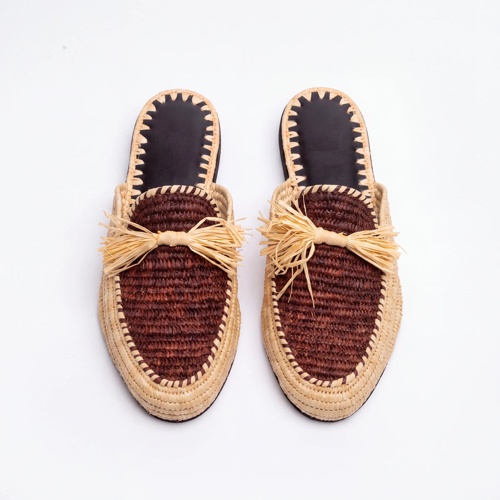 Open Back Raffia Shoes in Brown