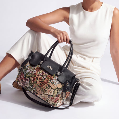 Black & Floral Tapestry Tote
