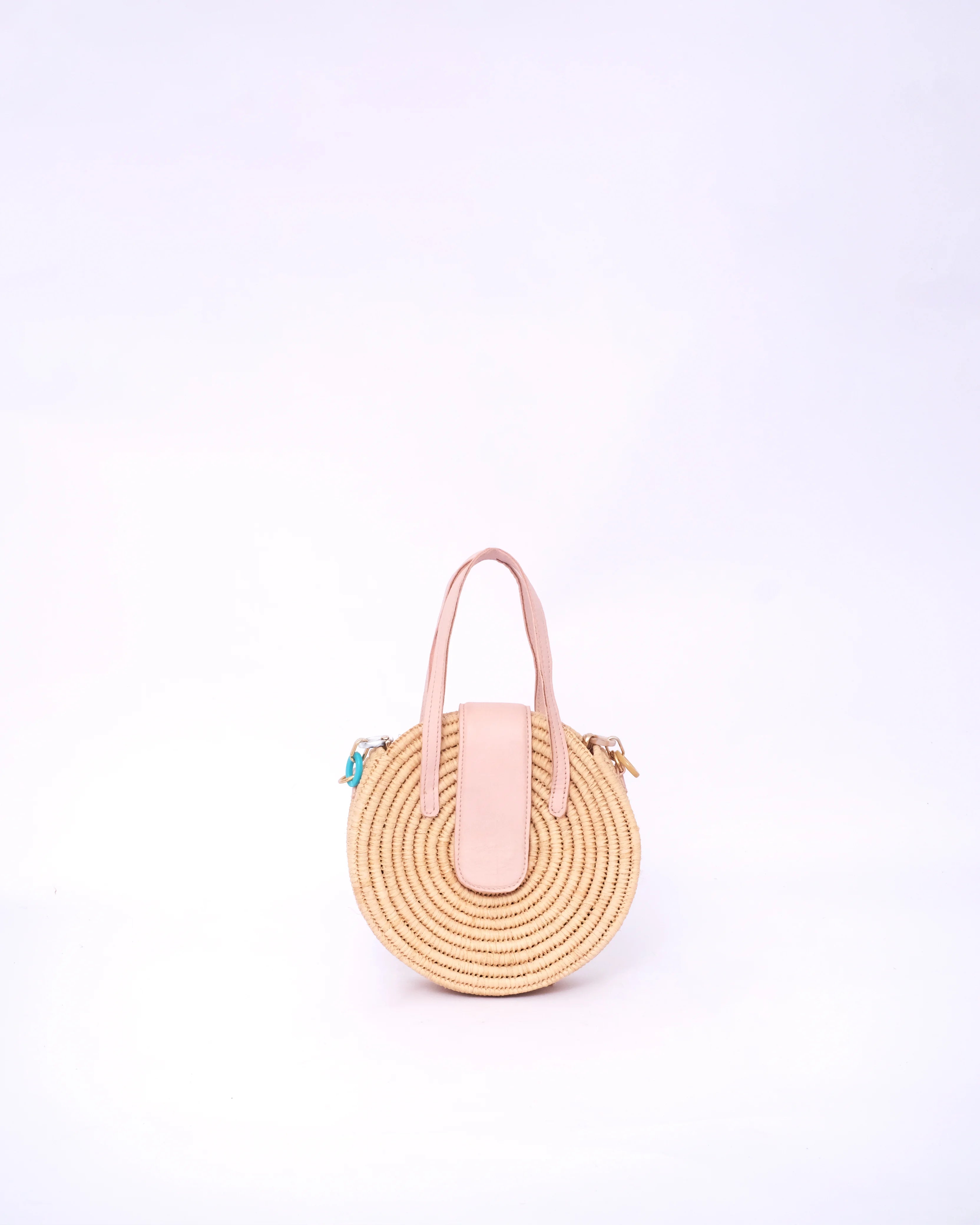 Circle Raffia Handbag With Pink Leather Handle