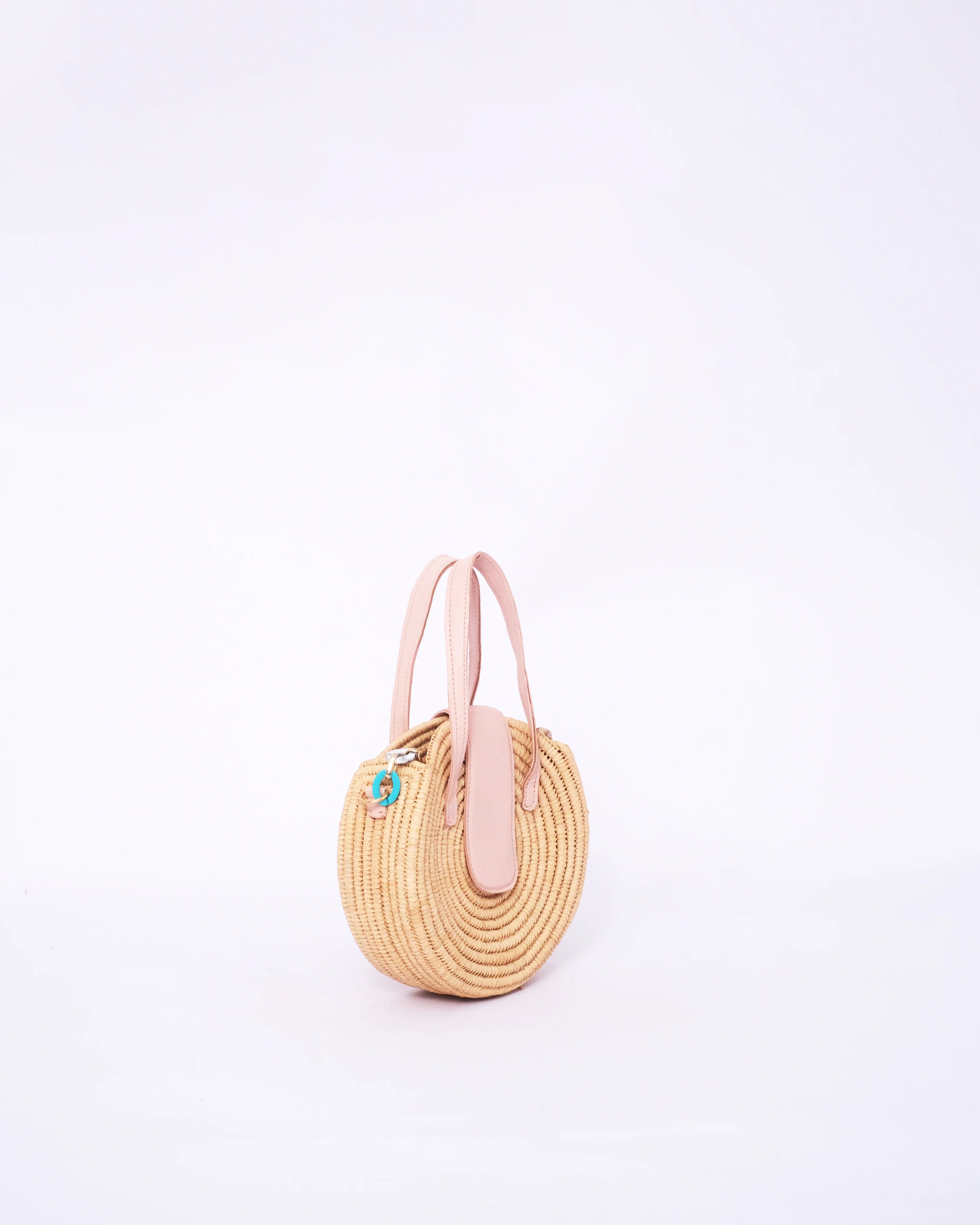 Circle Raffia Handbag With Pink Leather Handle