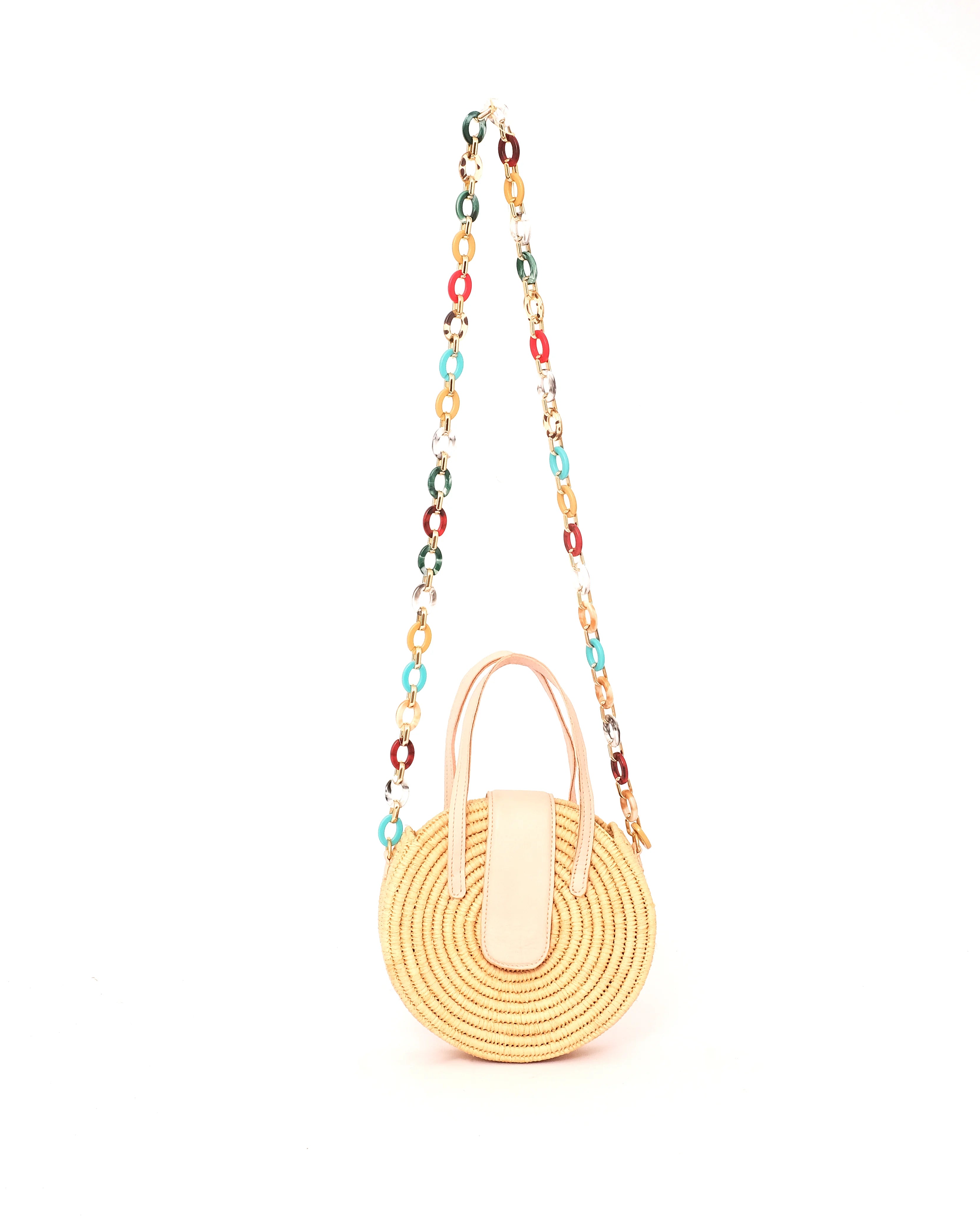 Circle Raffia Handbag With Pink Leather Handle