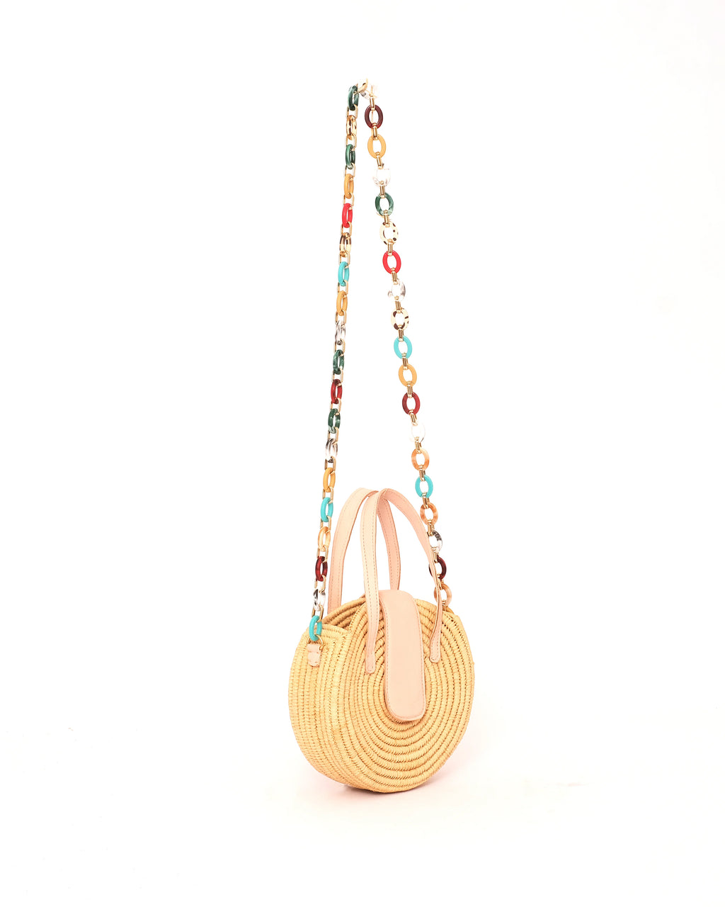 Circle Raffia Handbag With Pink Leather Handle