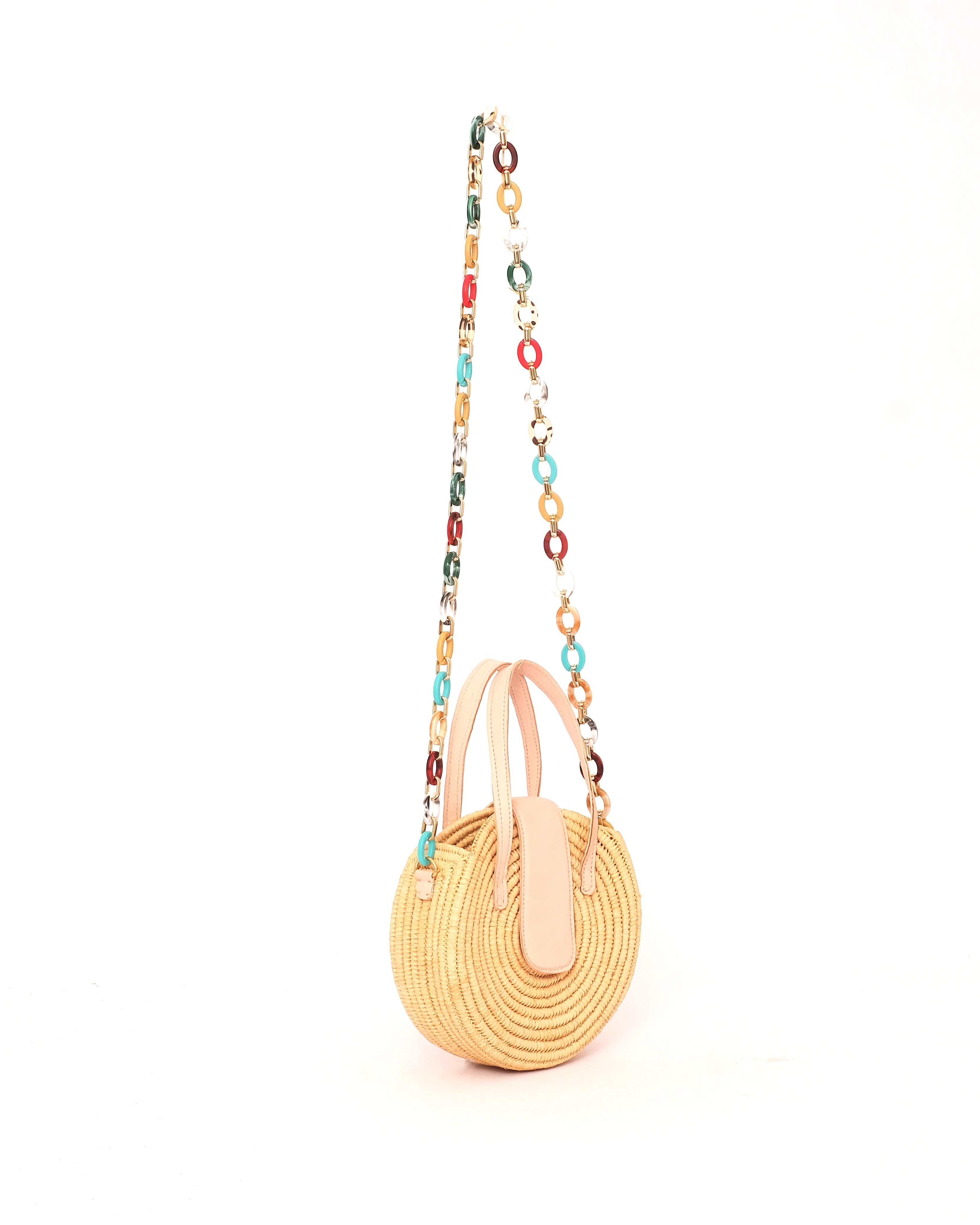 Circle Raffia Handbag With Pink Leather Handle