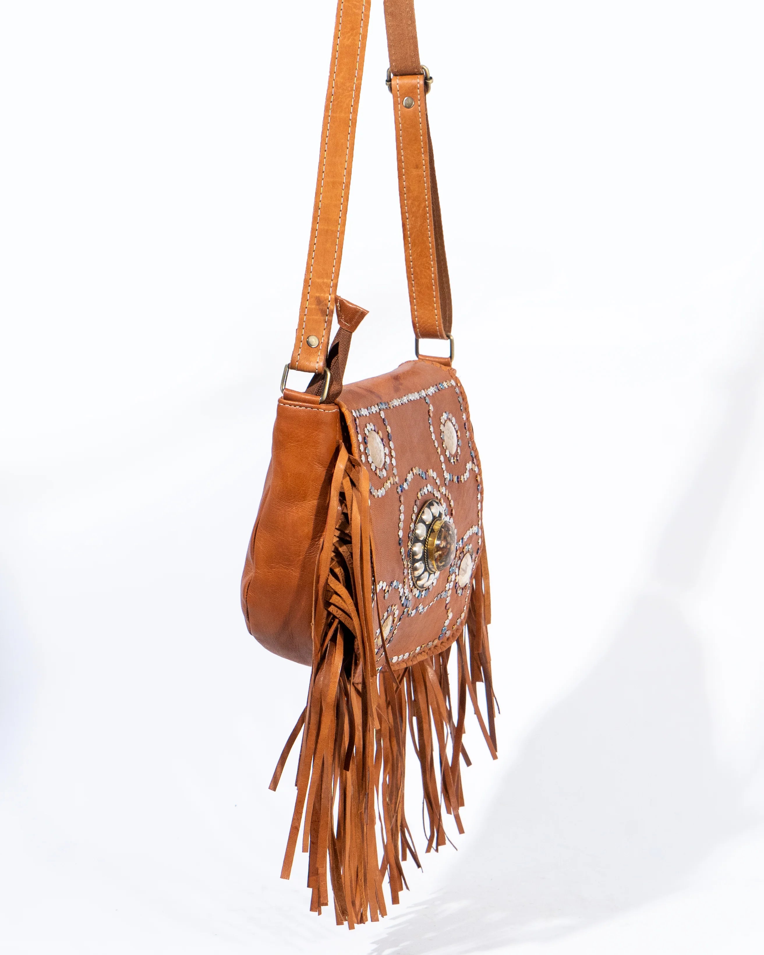 Tan Leather Fringe Crossbody Bag