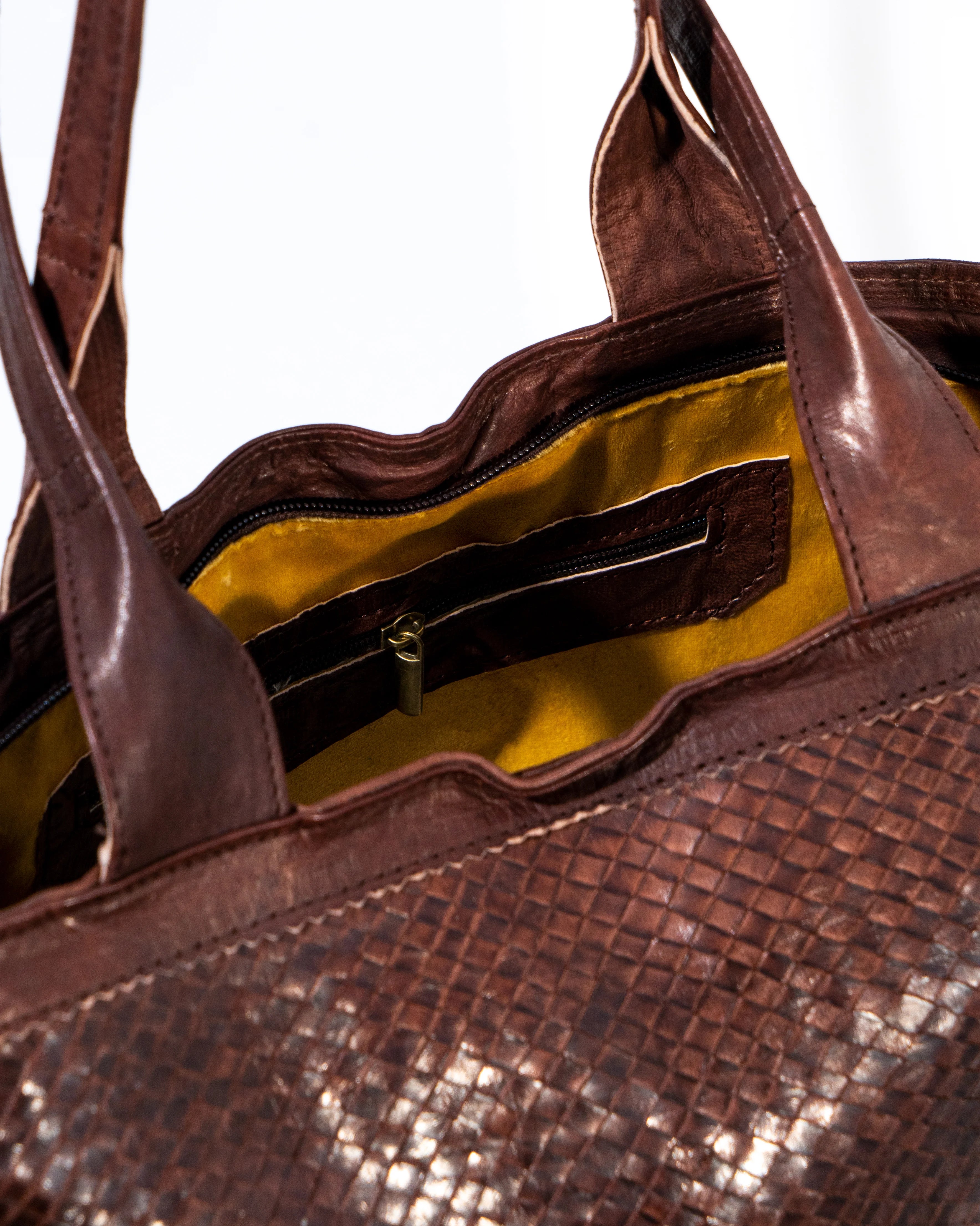 Brown Leather Woven Tote Bag