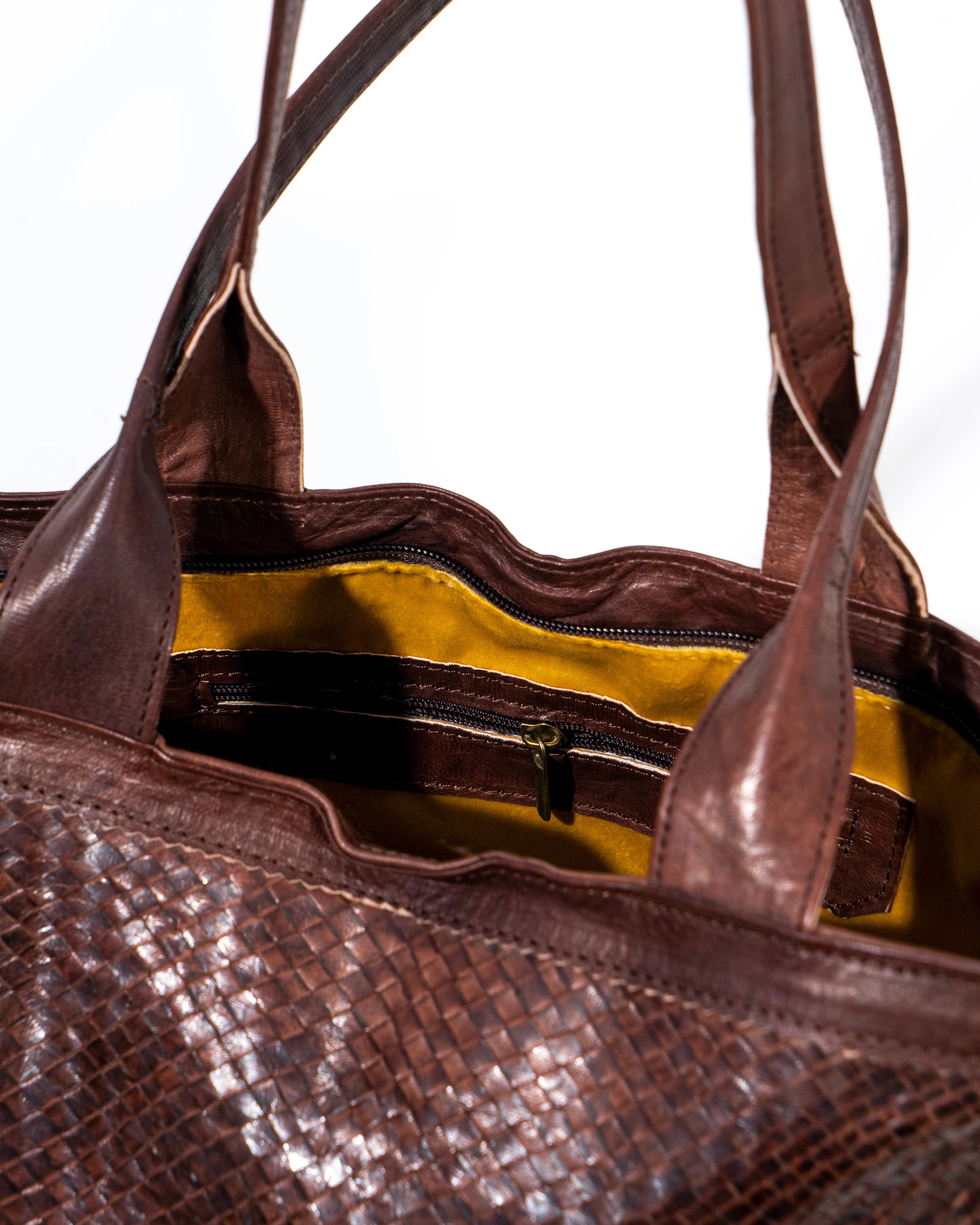 Brown Leather Woven Tote Bag