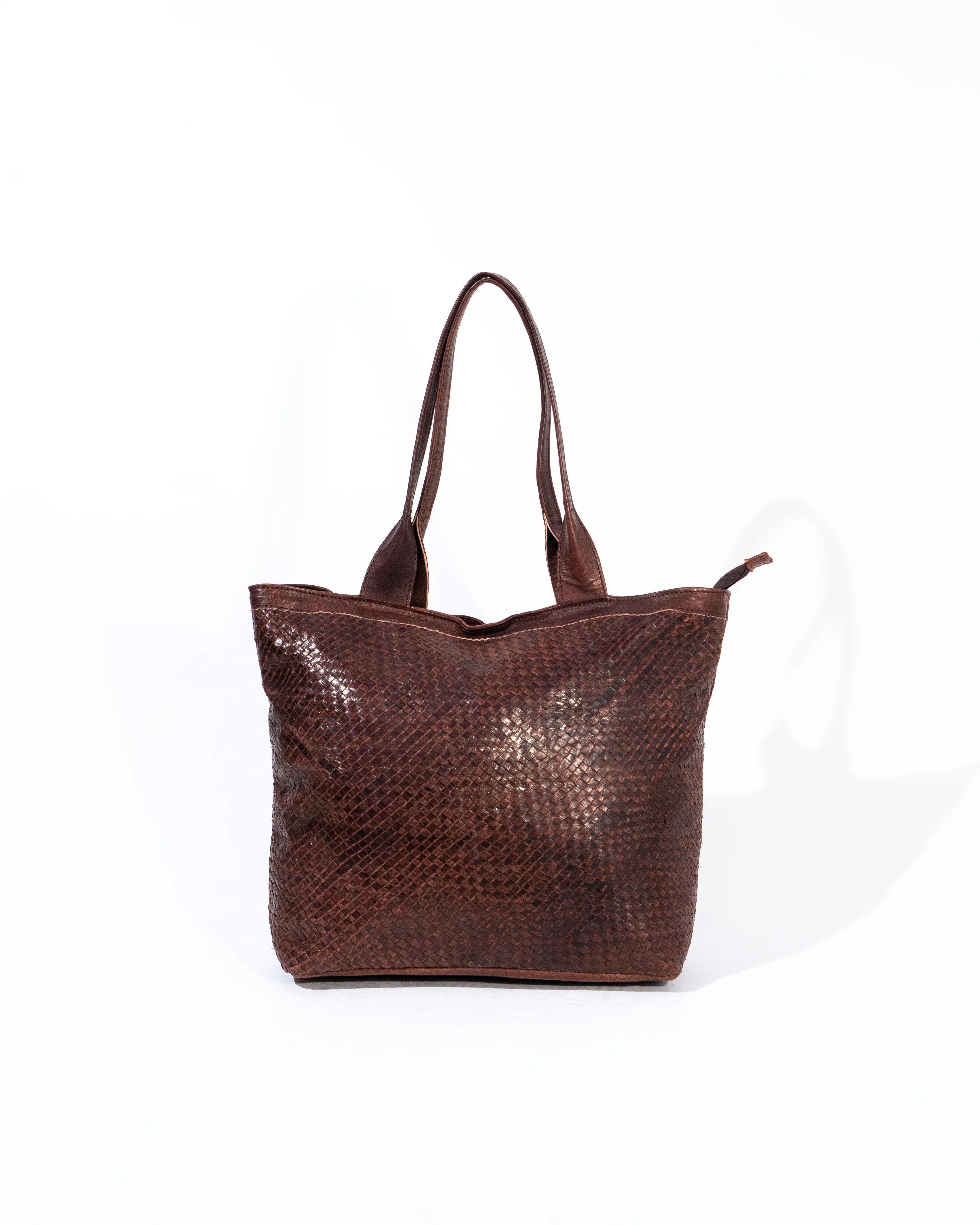 Brown Leather Woven Tote Bag